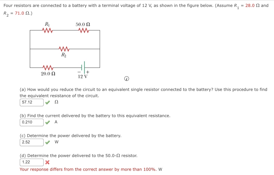 Four resistors are connected to a battery with a