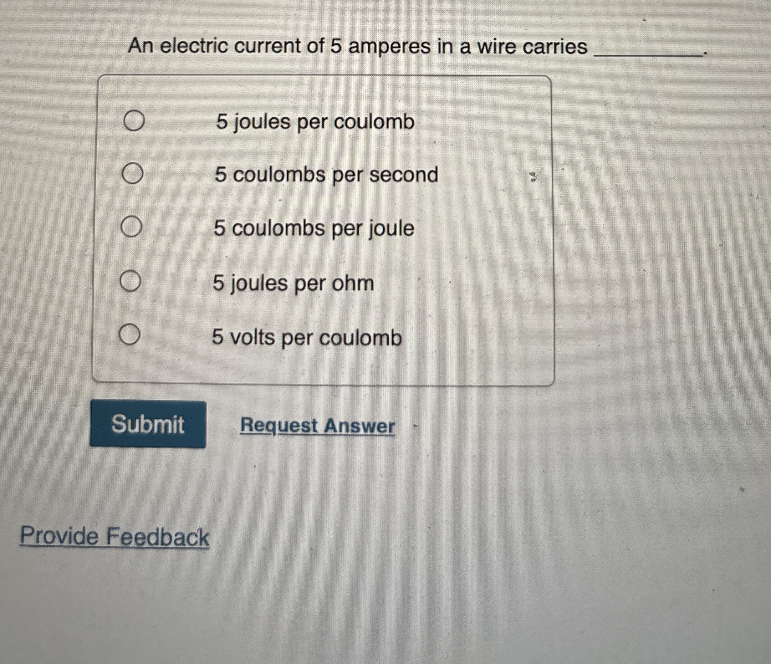 An electric current of 5 amperes in a wire