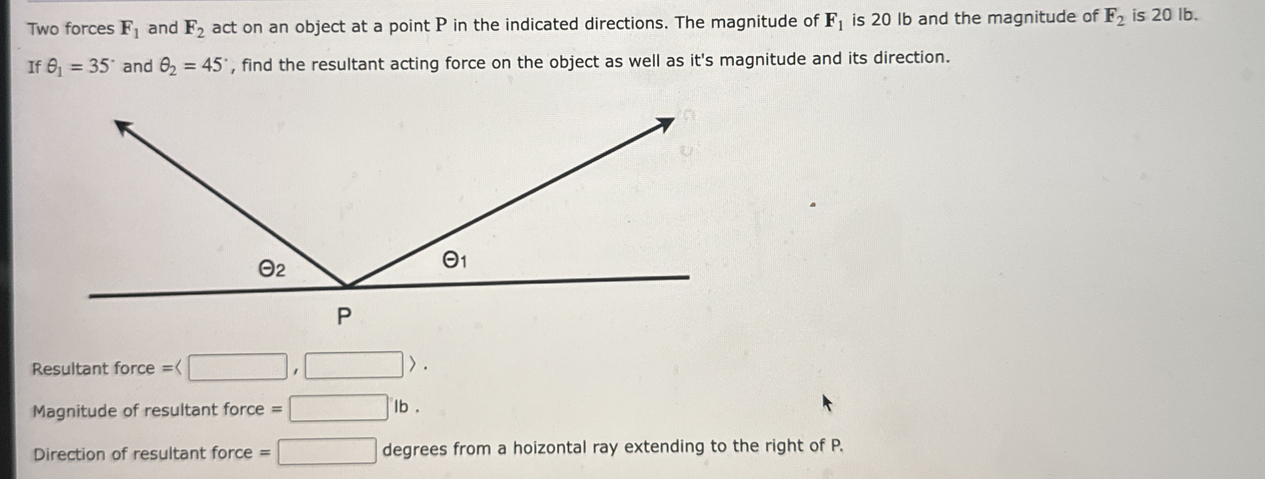 Two forces F 1 and F 2 act on an object at a