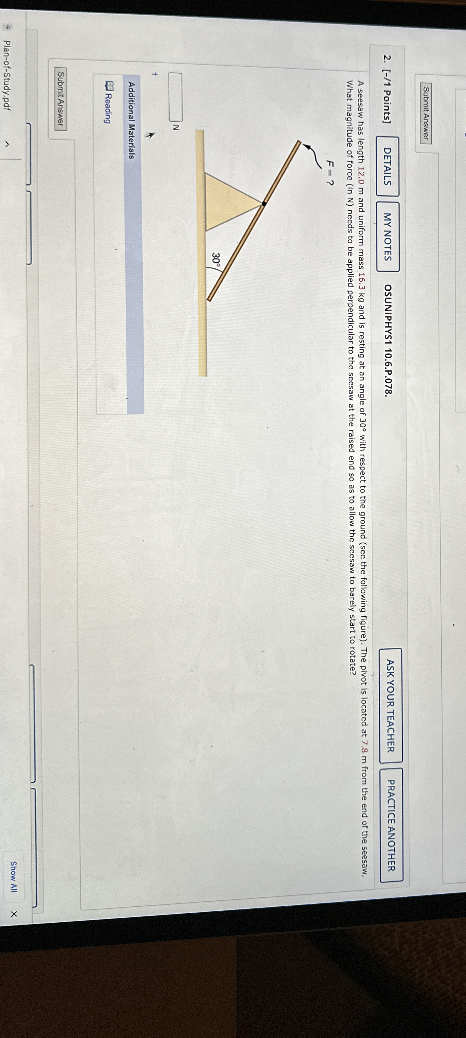 [ - / 1 Points ] OSUNIPHYS 1 1 0 . 6 . P . 0 7 8