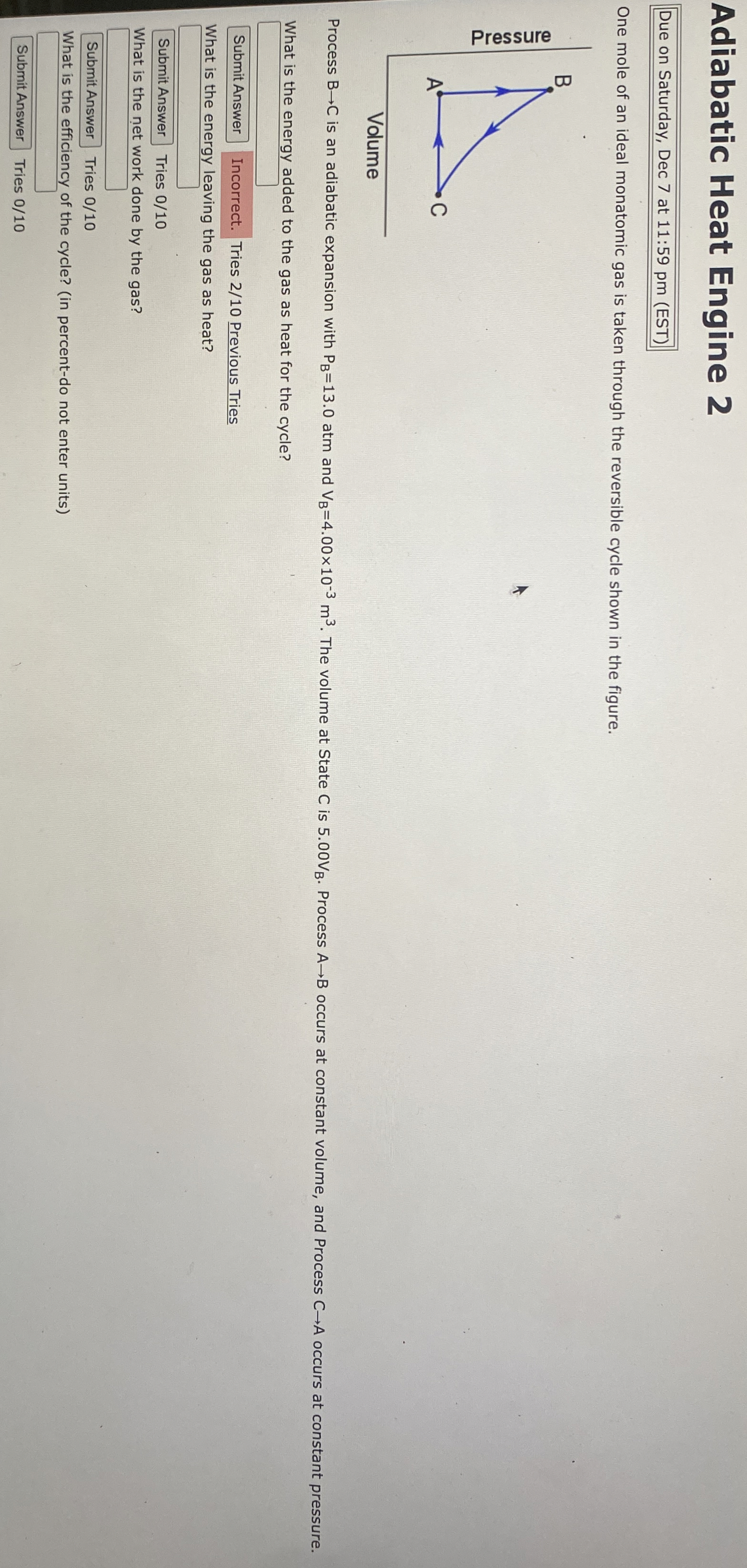 Adiabatic Heat Engine 2 Due on Saturday, Dec 7 at