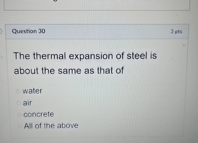 Question 3 0 3 pts The thermal expansion of steel