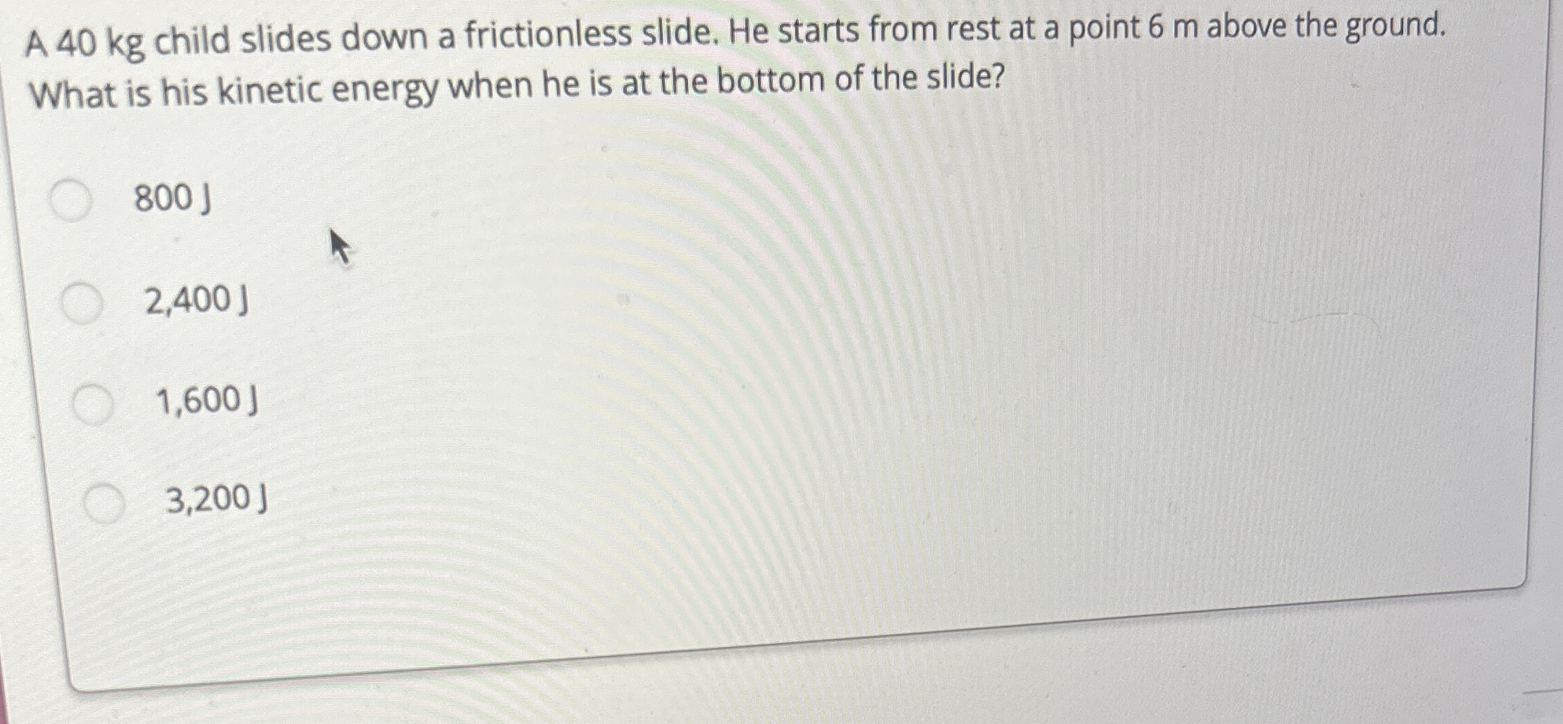 A 4 0 kg child slides down a frictionless slide.