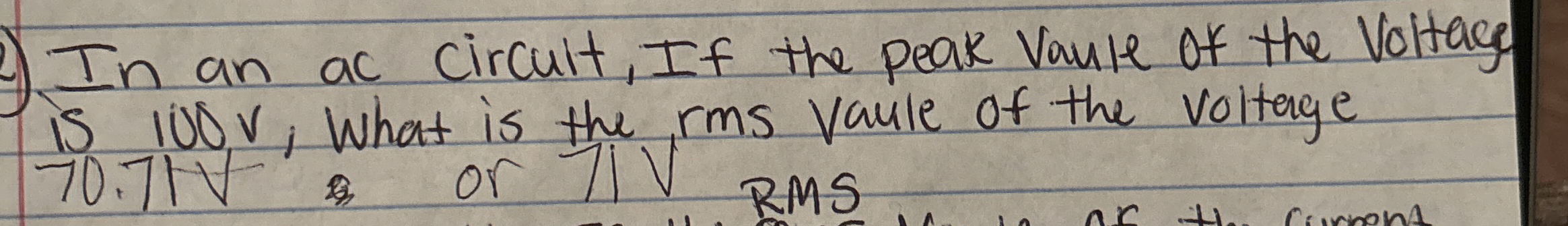 In an ac circult, If the pear vaule of the