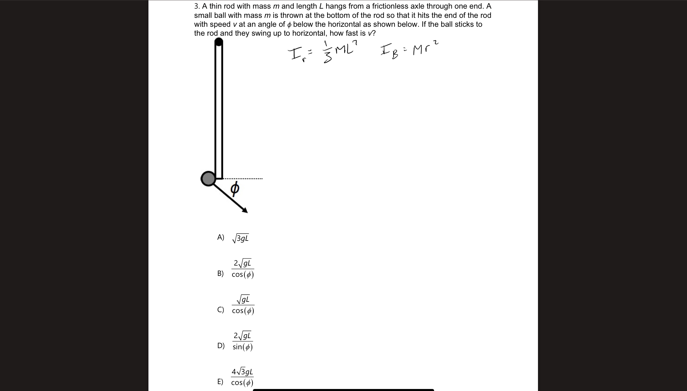 A thin rod with mass m and length L hangs from a