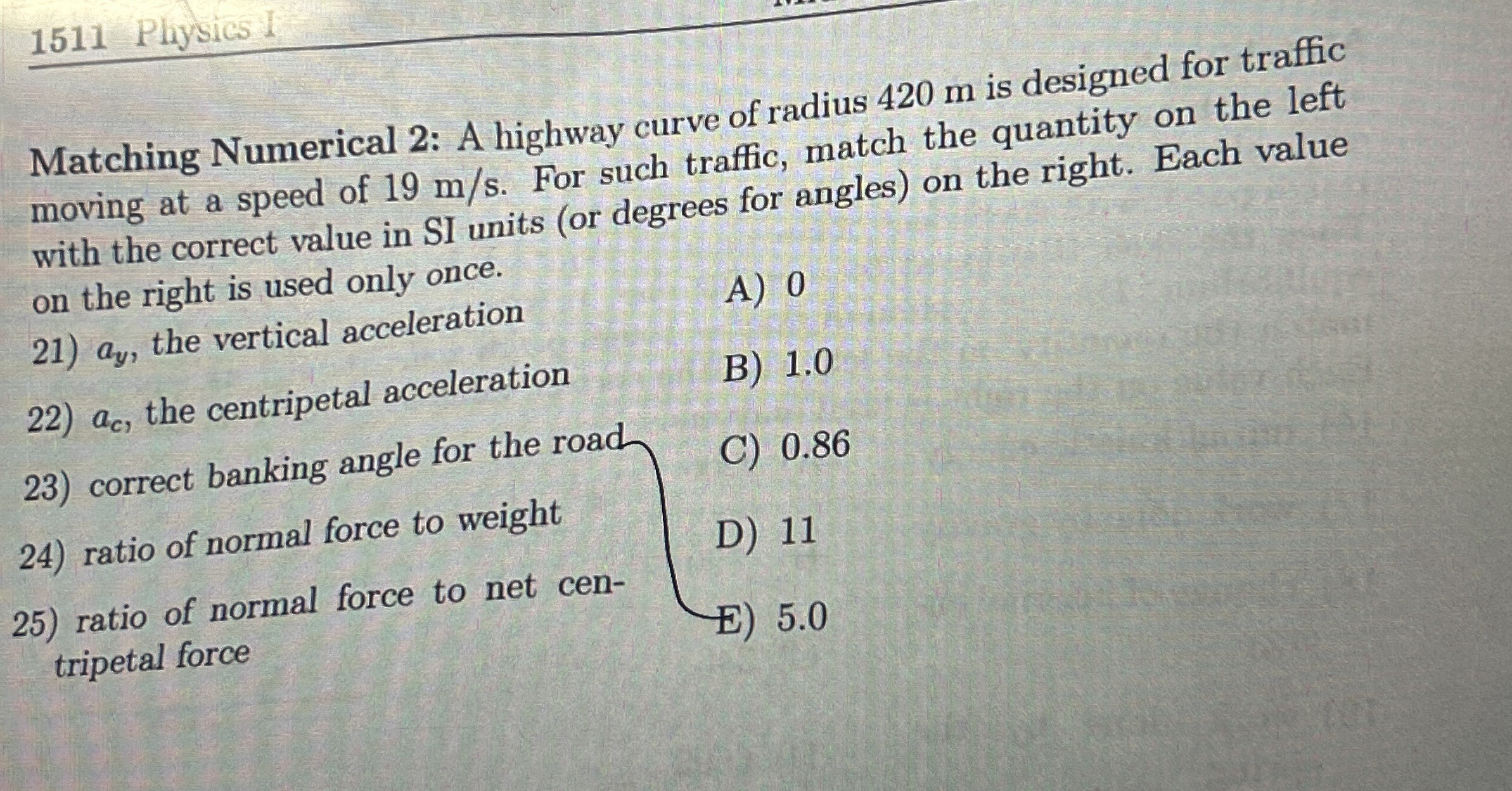 1 5 1 1 Physics I Matching Numerical 2 : A