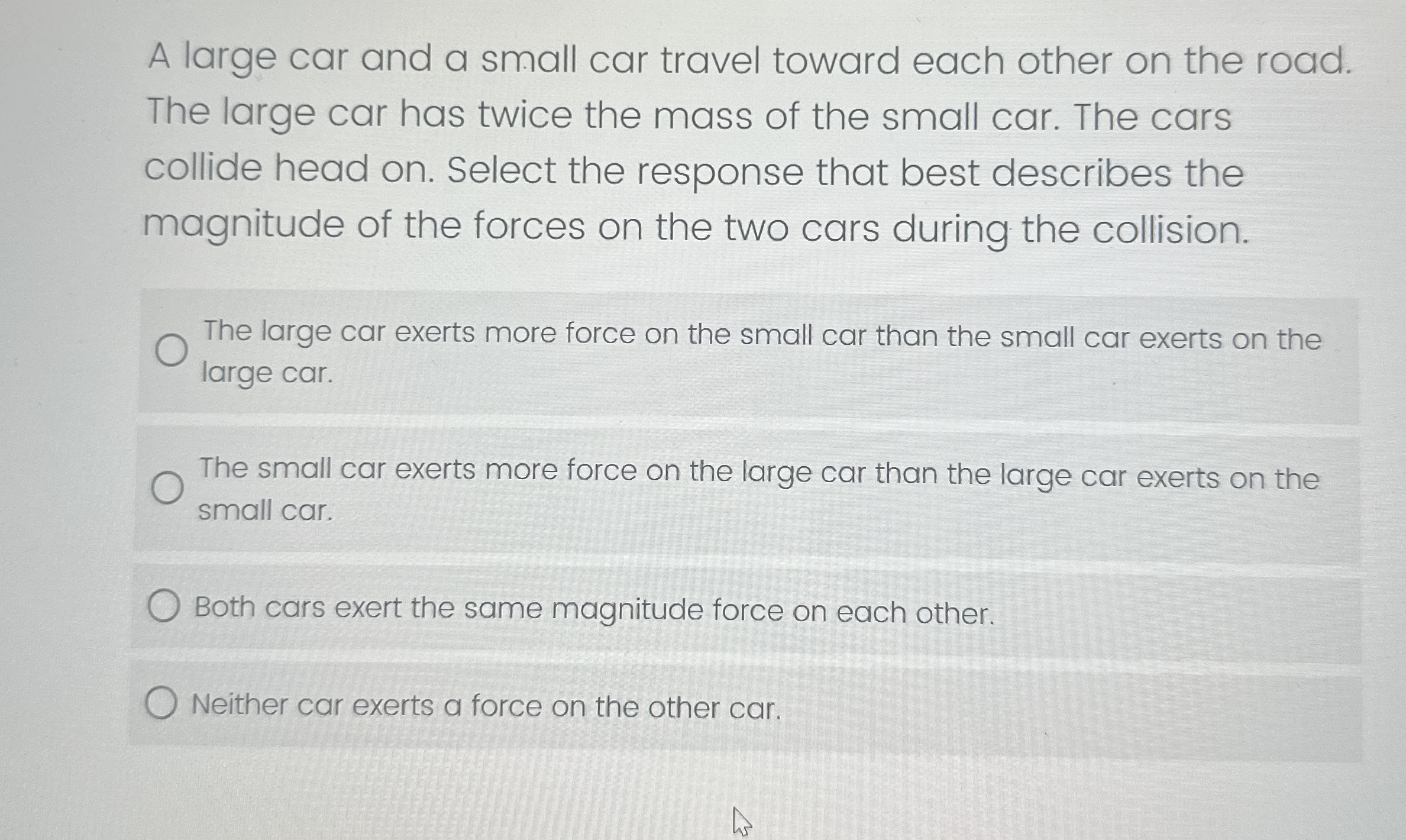 A large car and a small car travel toward each