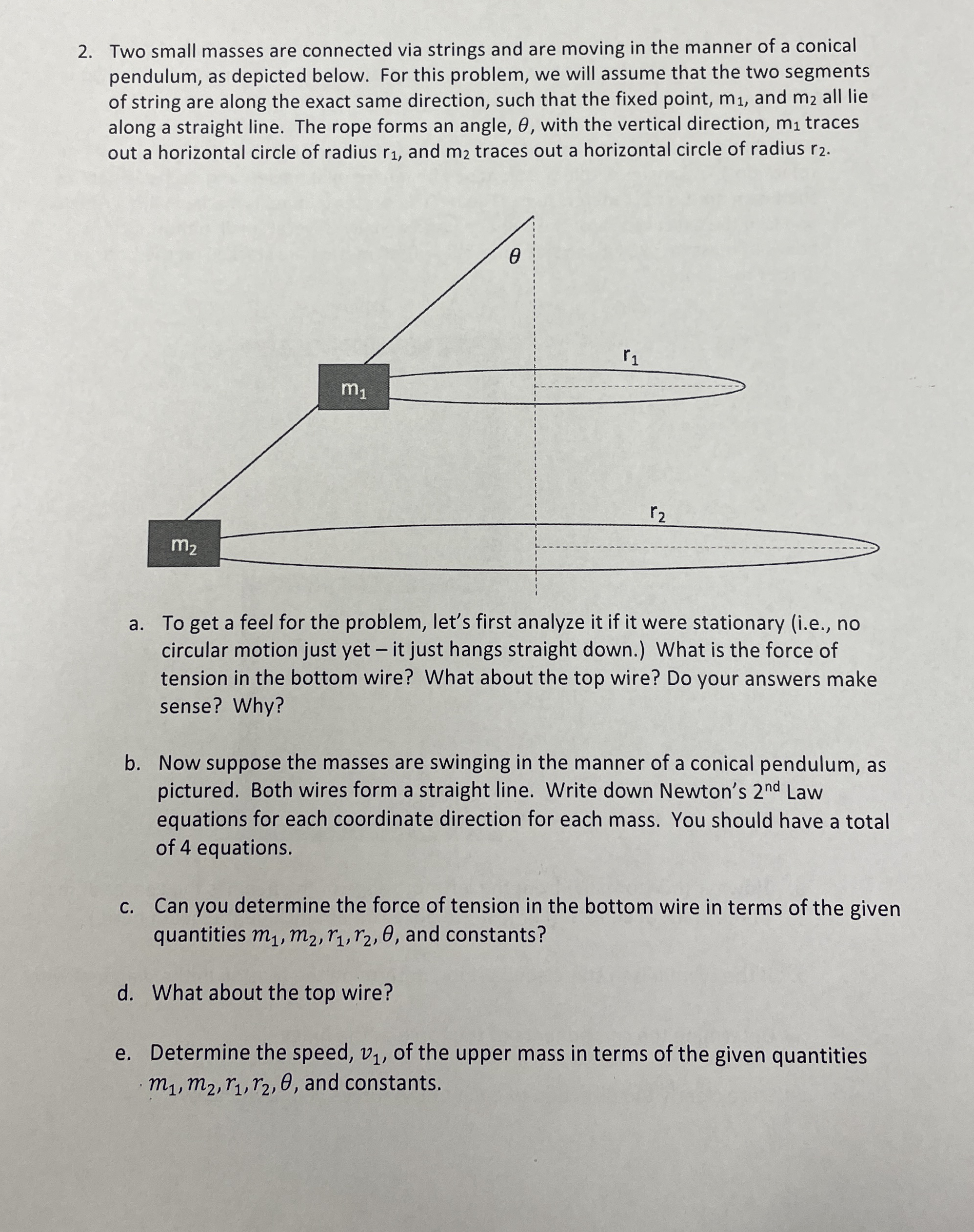 Two small masses are connected via strings and