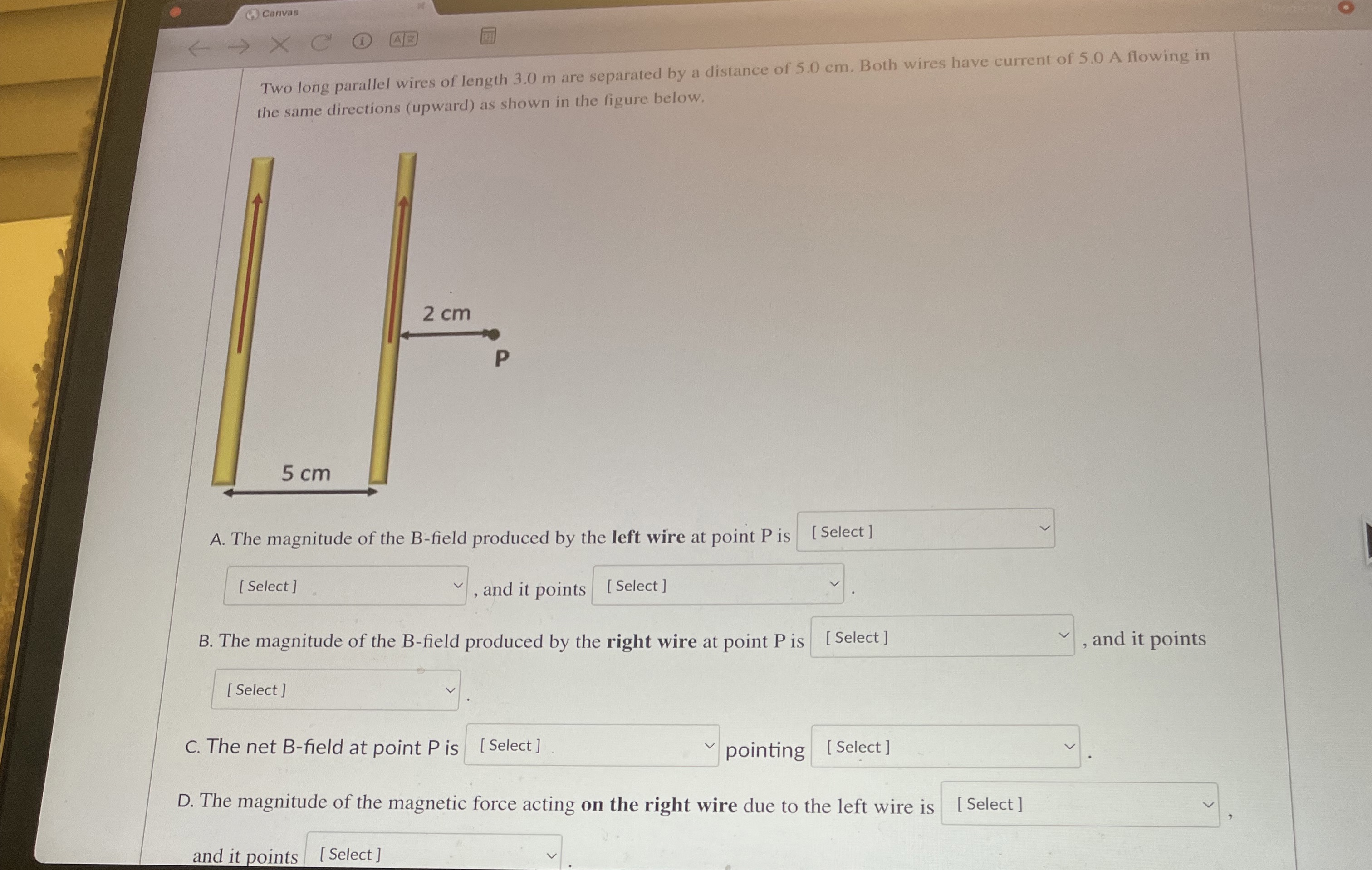 Canvas Two long parallel wires of length 3 . 0 m