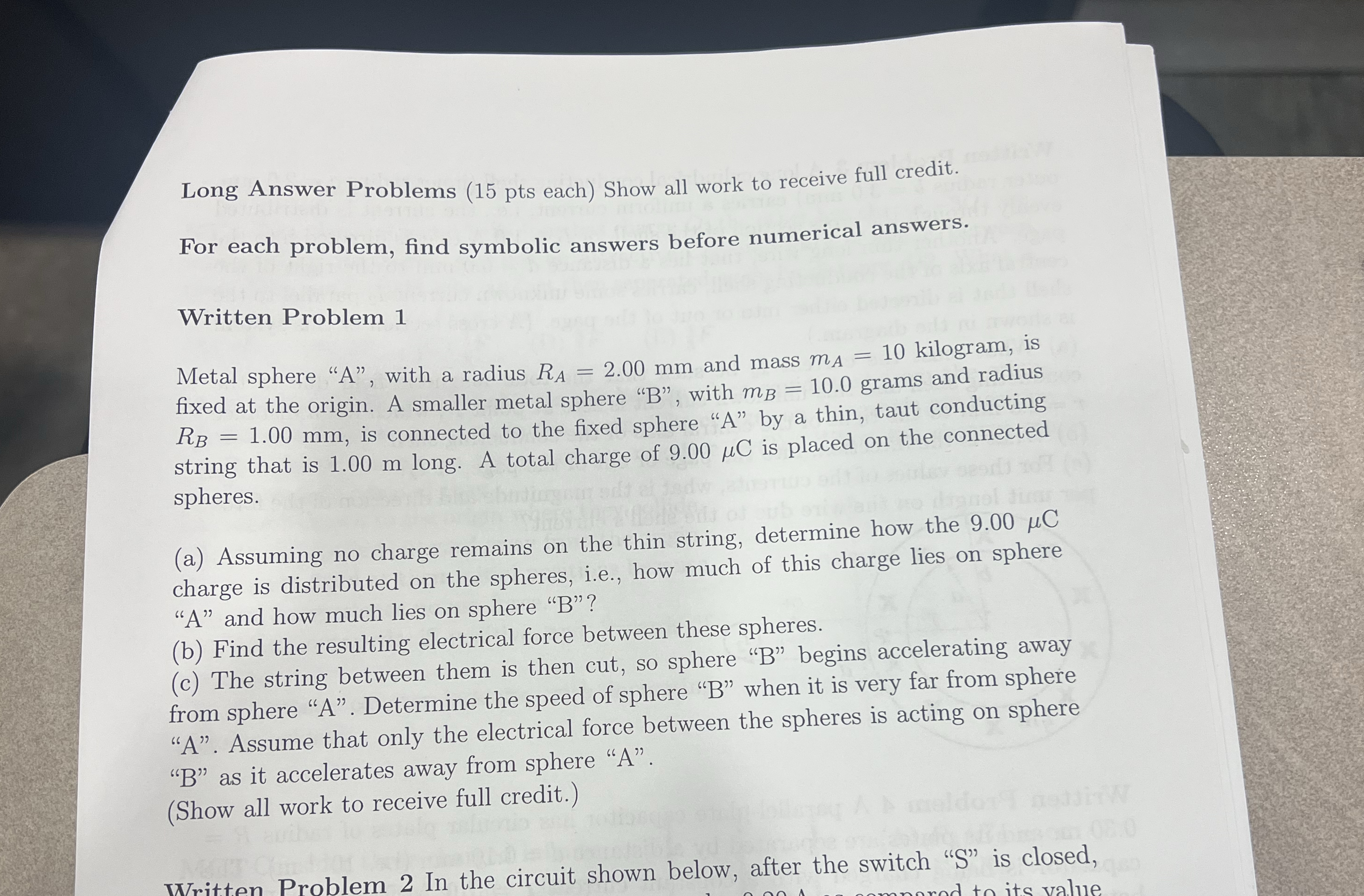 Long Answer Problems ( 1 5 pts each ) Show all