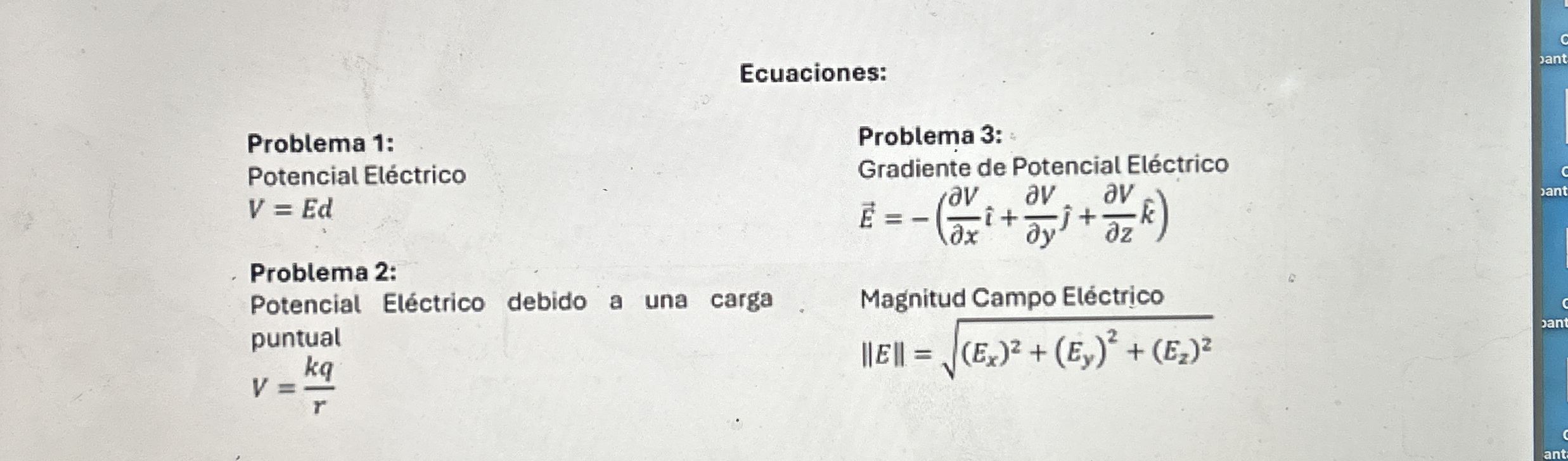 Ecuaciones: Problema 1 : Potencial El ctrico V =