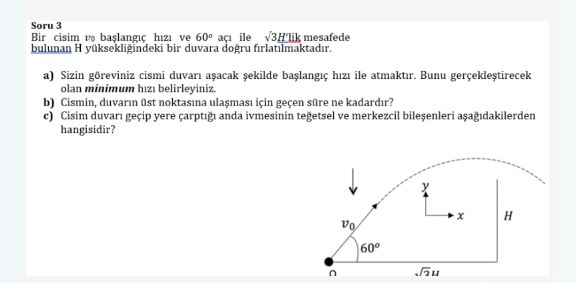Soru 3 Bir cisim v 0 ba lang h z ve 6 0 a ile 3 2