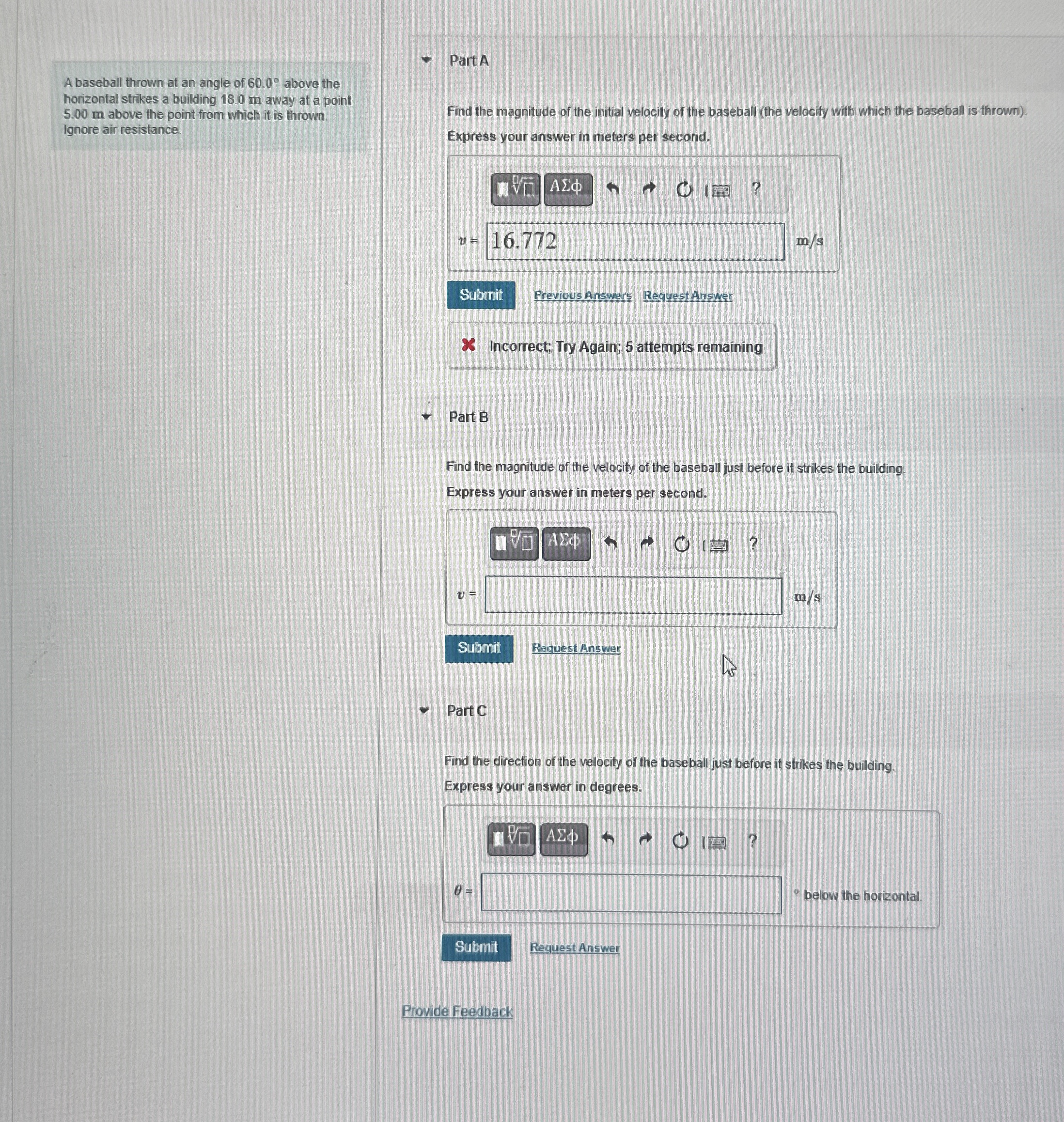A baseball thrown at an angle of 6 0 . 0 above