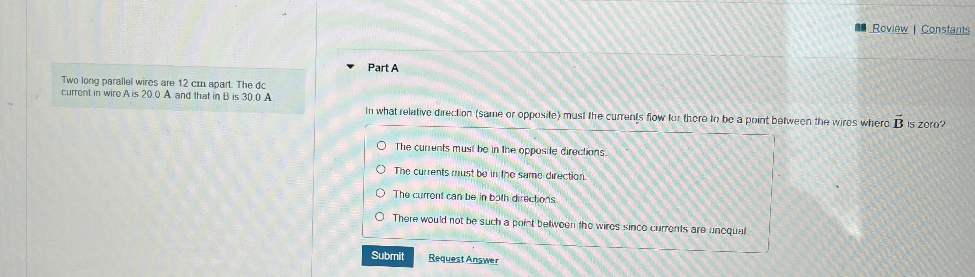 Review Constants Two long parallel wires are 1 2
