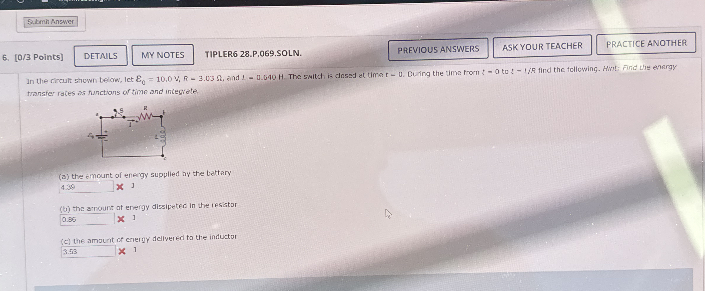 [ 0 / 3 Points ] TIPLER 6 2 8 . P . 0 6 9 . SOLN.