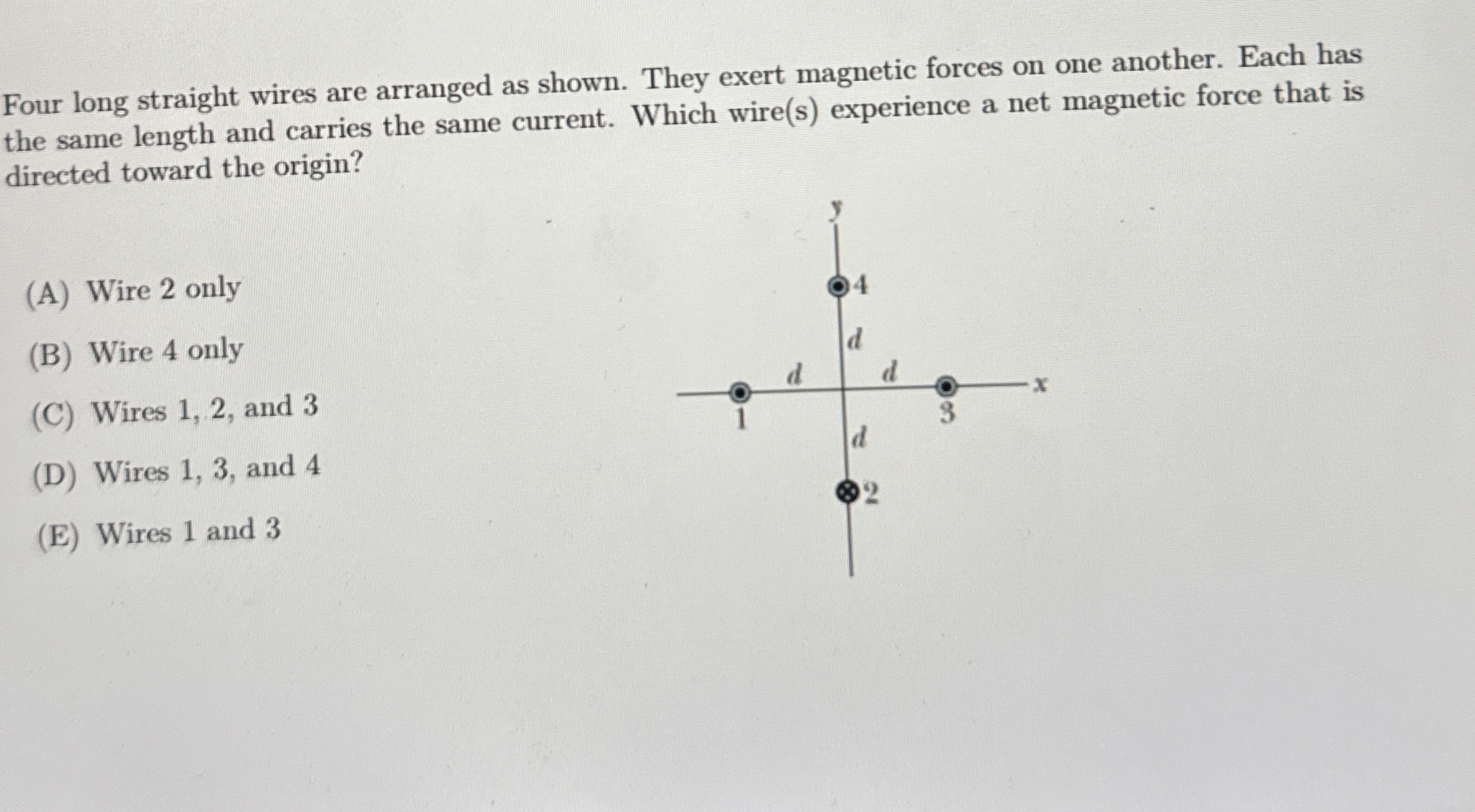 Four long straight wires are arranged as shown.