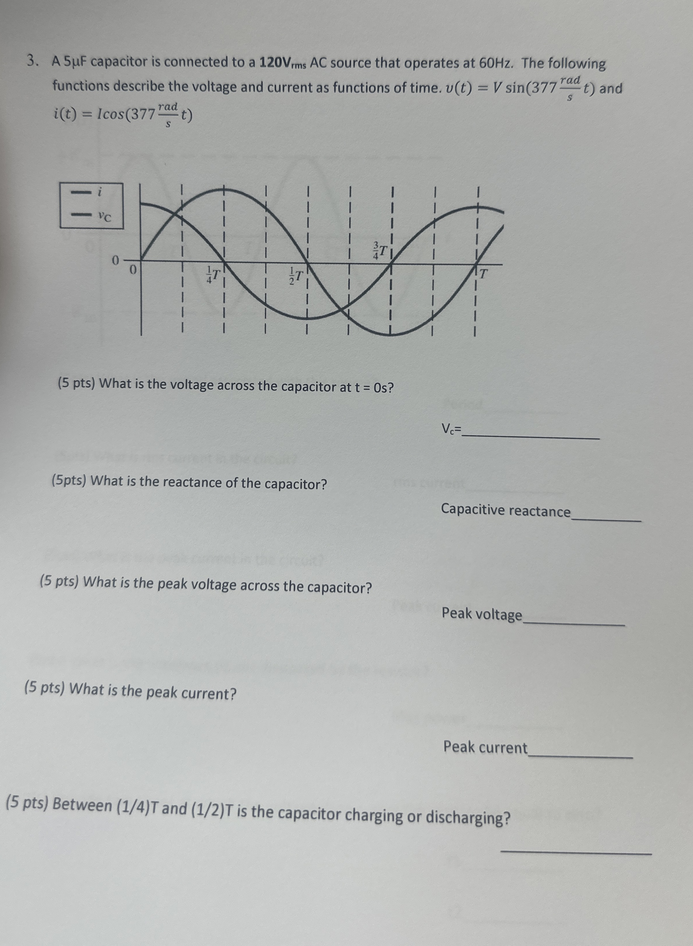 A 5 F capacitor is connected to a 1 2 0 V r m s A