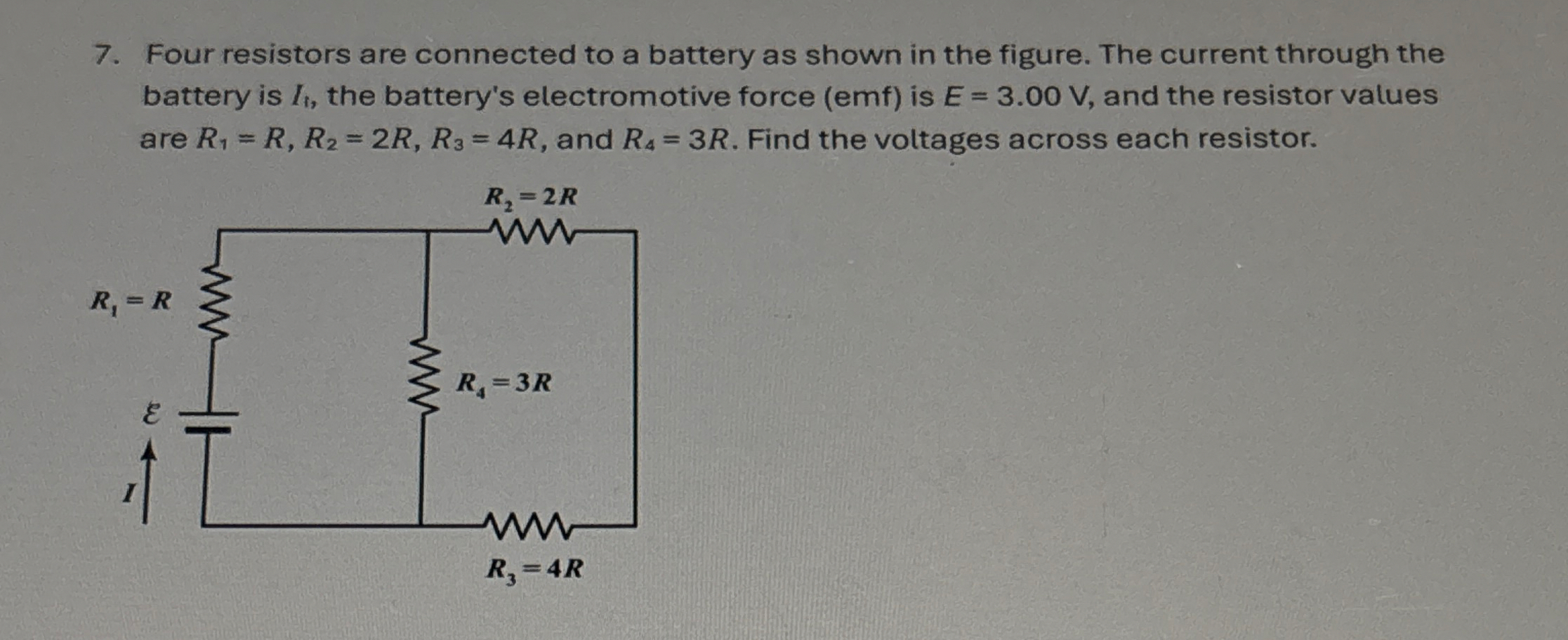 Four resistors are connected to a battery as