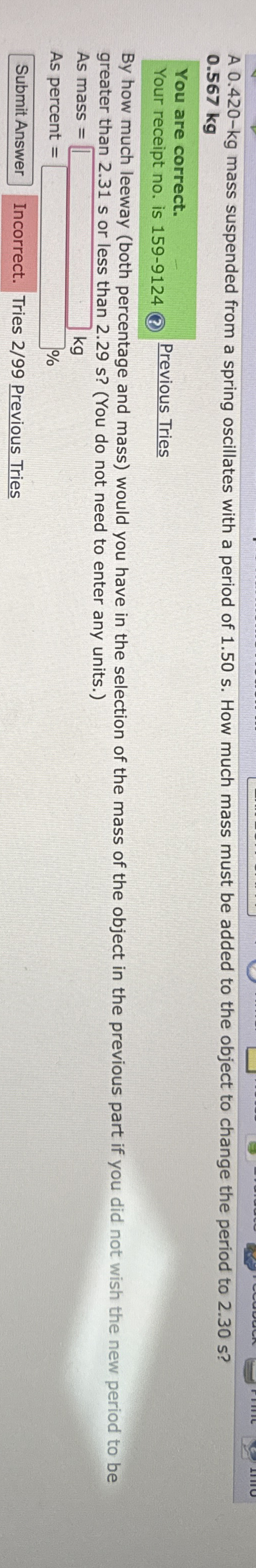 A 0 . 4 2 0 - k g mass suspended from a spring