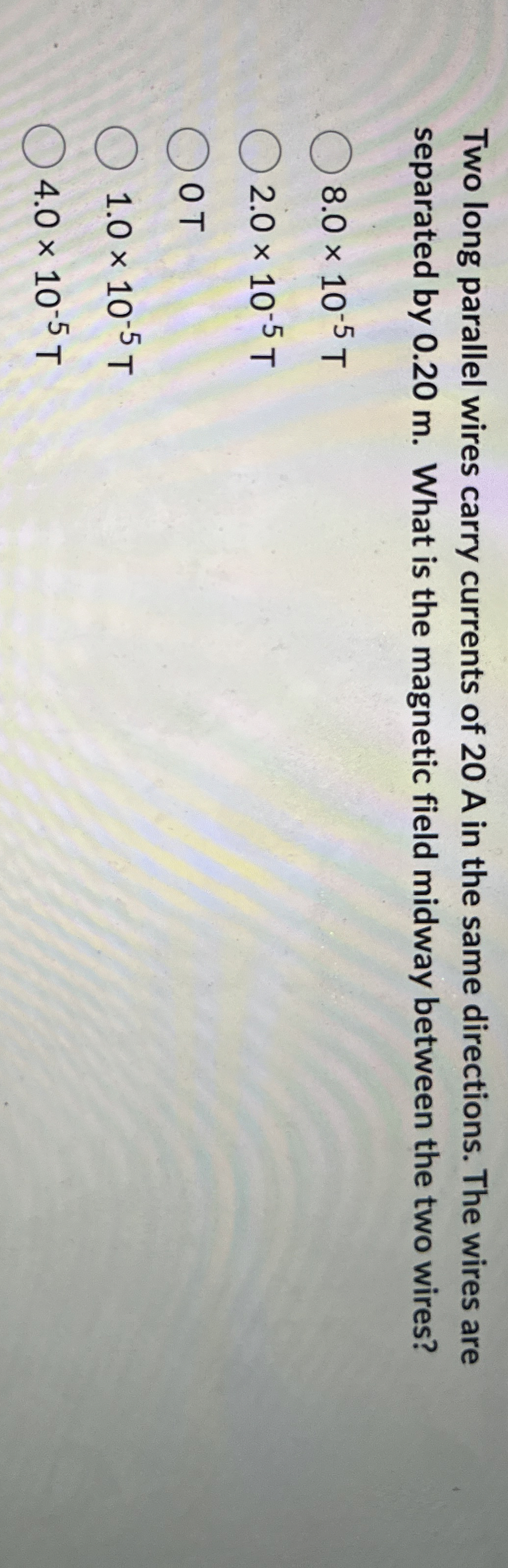 Two long parallel wires carry currents of 2 0 A