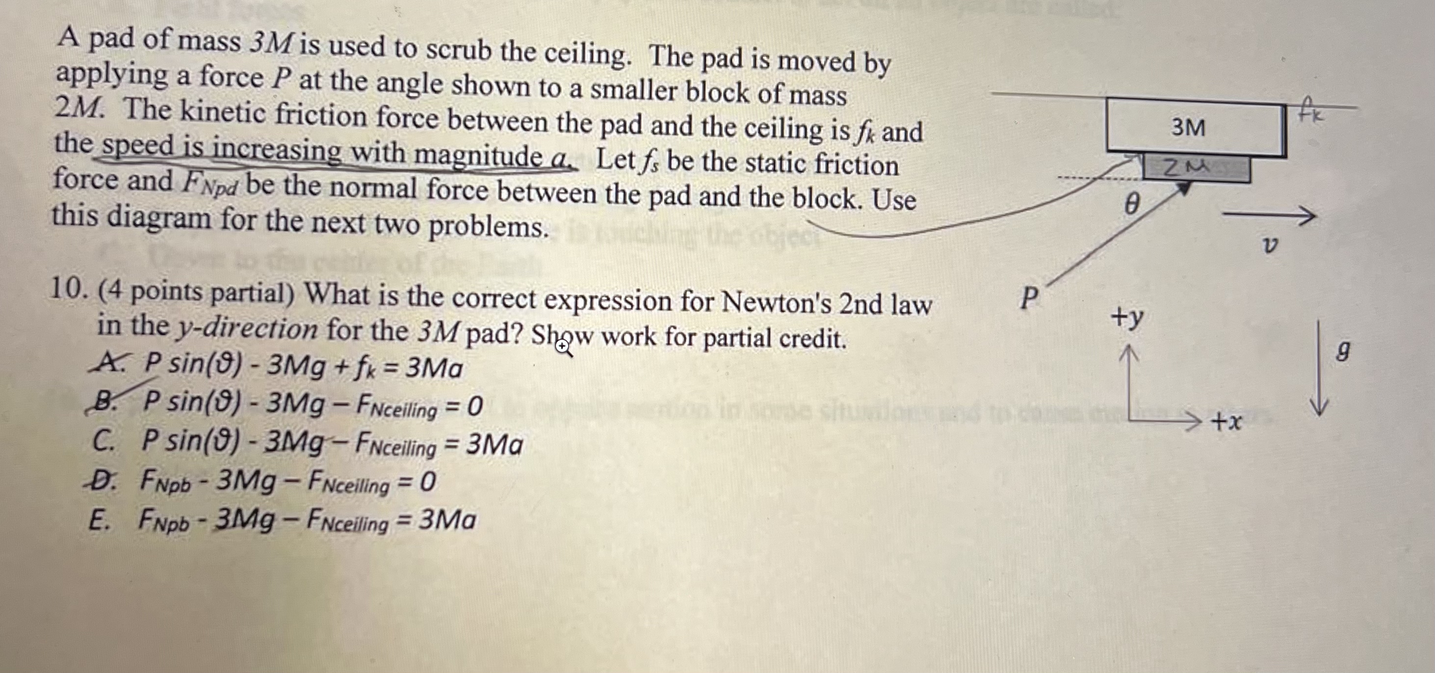 A pad of mass 3 M is used to scrub the ceiling.