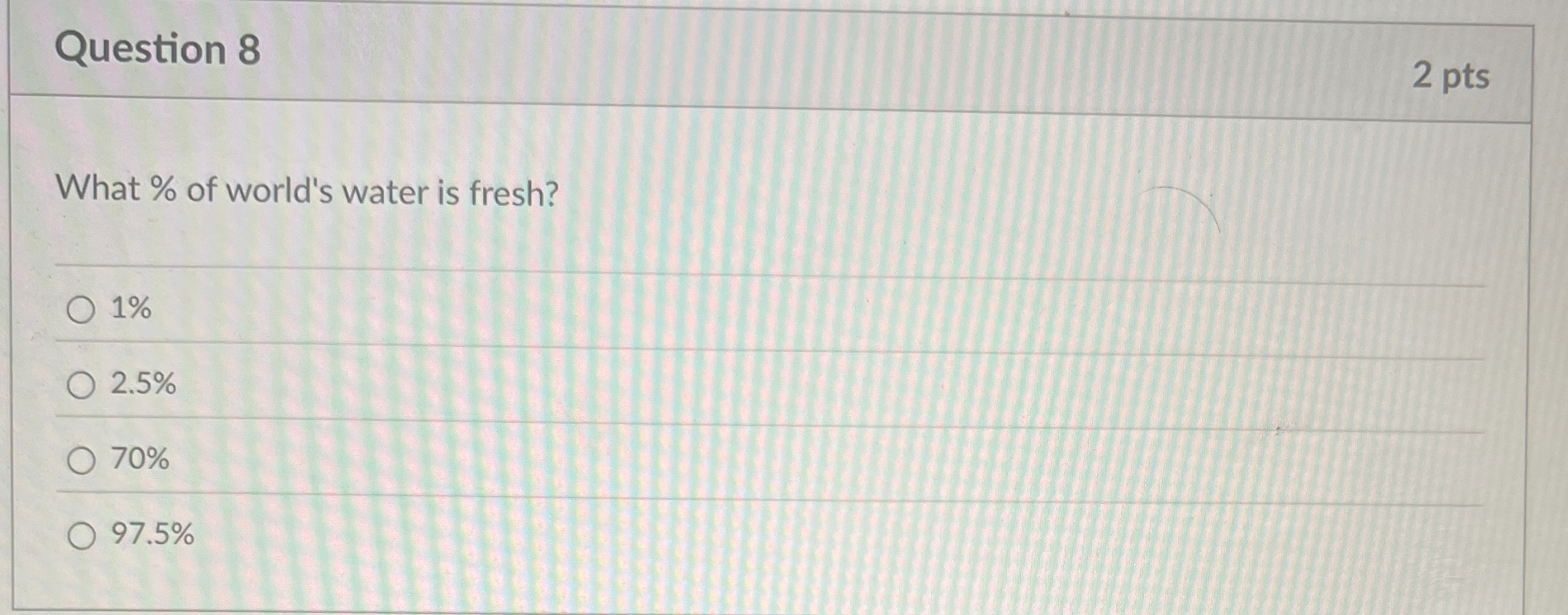 Question 8 2 pts What % of world's water is