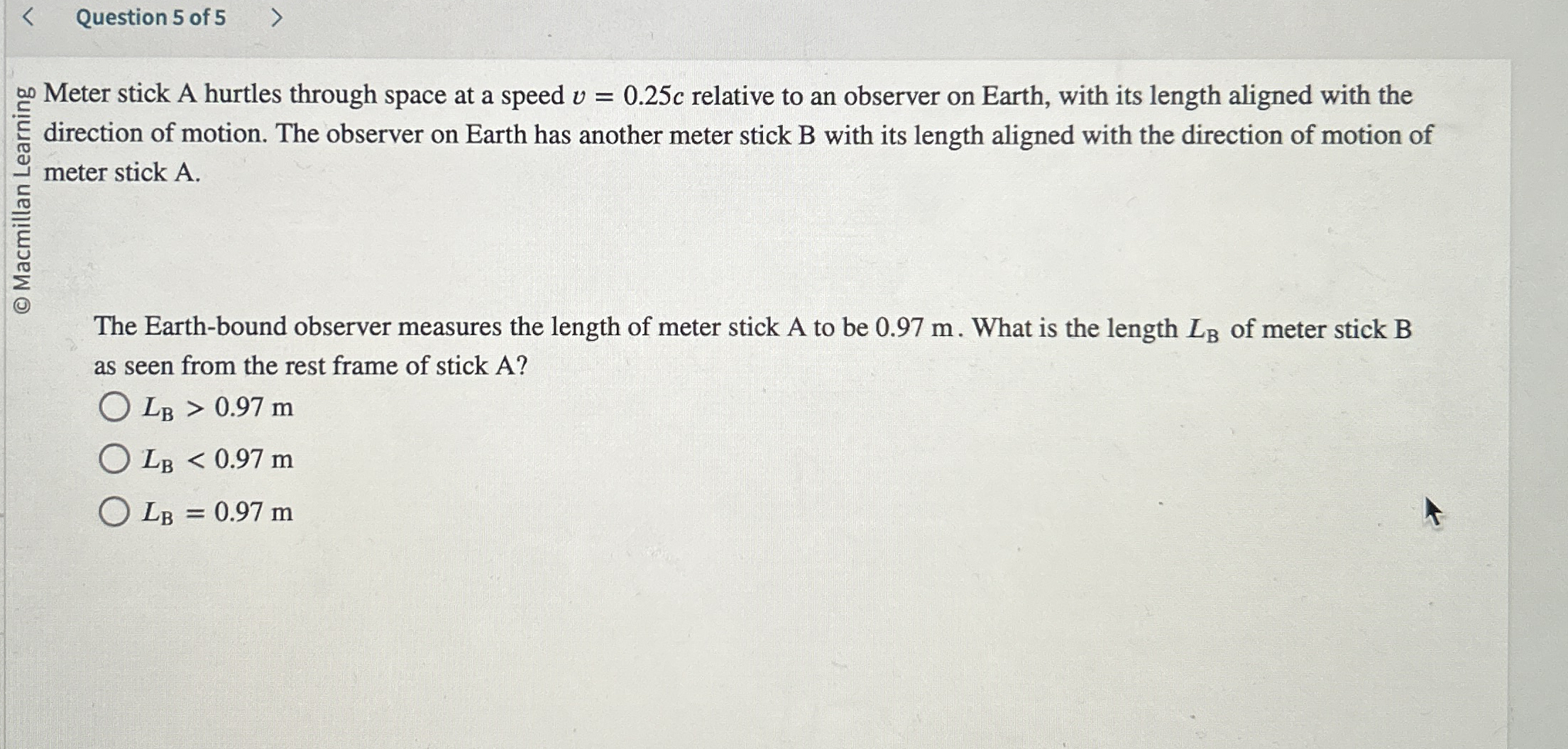 Question 5 of 5 Meter stick A hurtles through