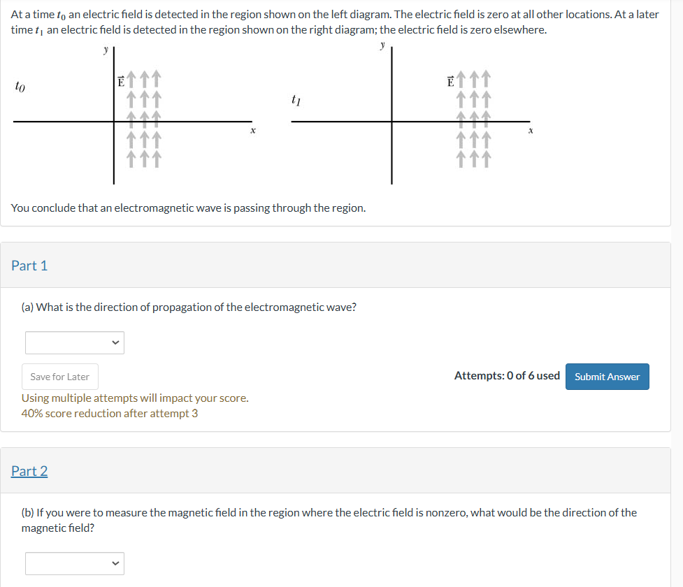 At a time \ ( t _ { 0 } \ ) an electric field is