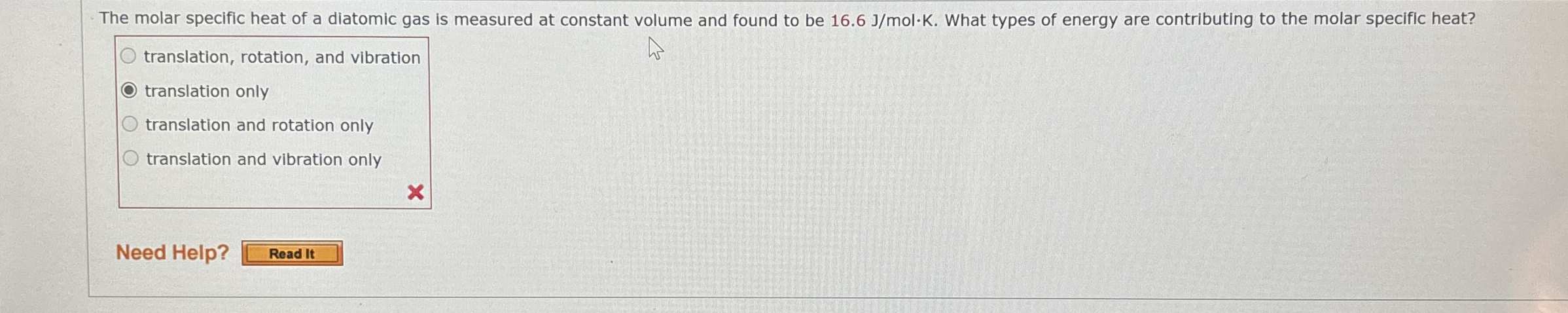The molar specific heat of a diatomic gas is