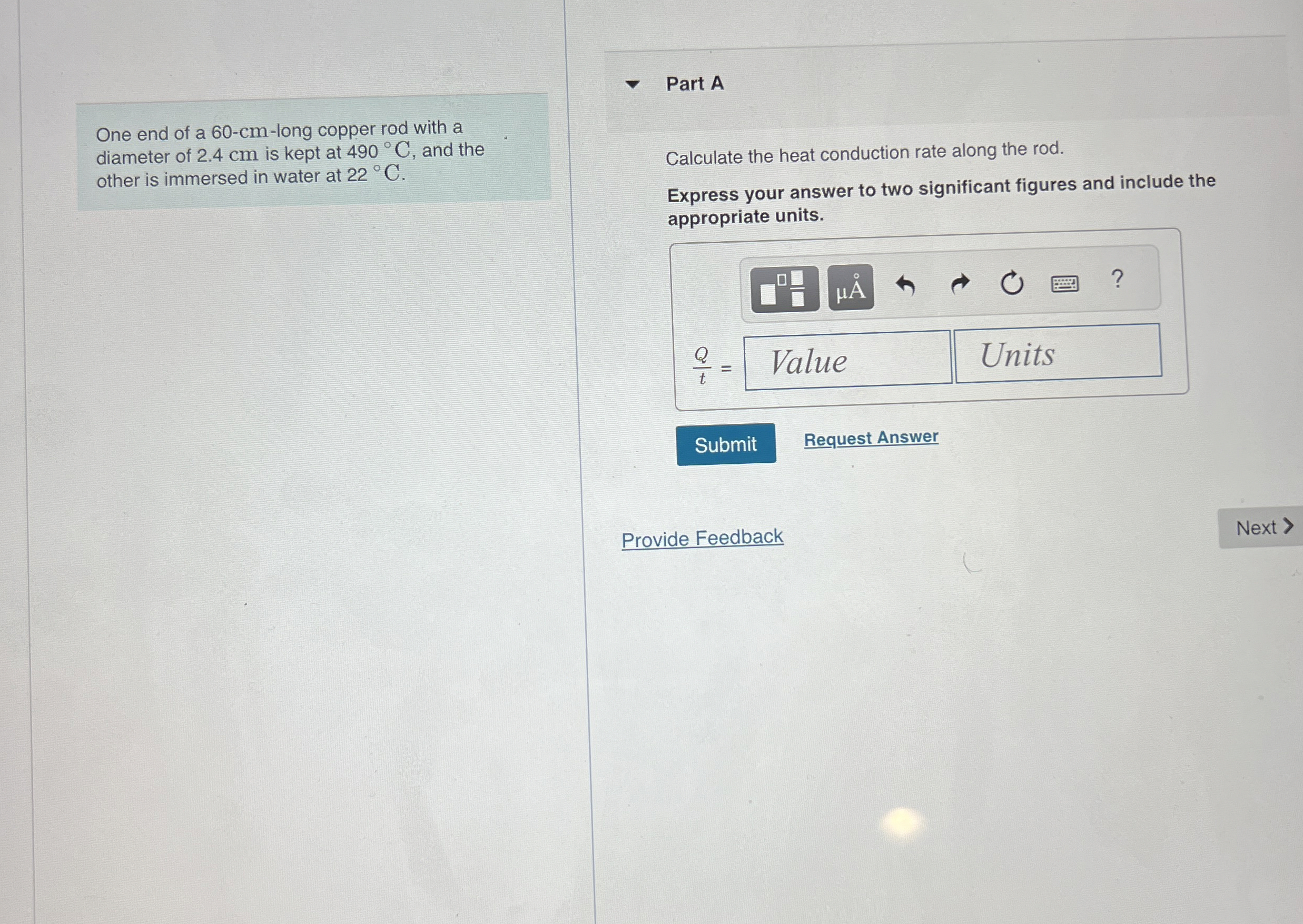 One end of a 6 0 - c m - long copper rod with a