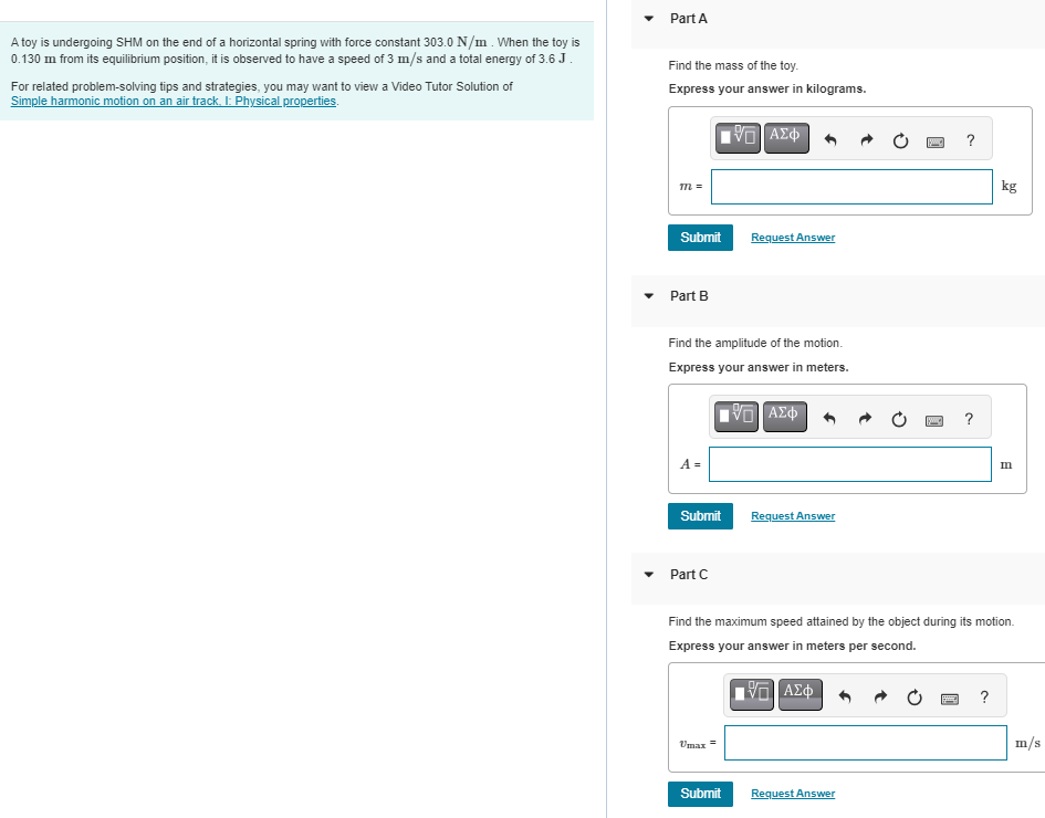 A toy is undergoing SHM on the end of a