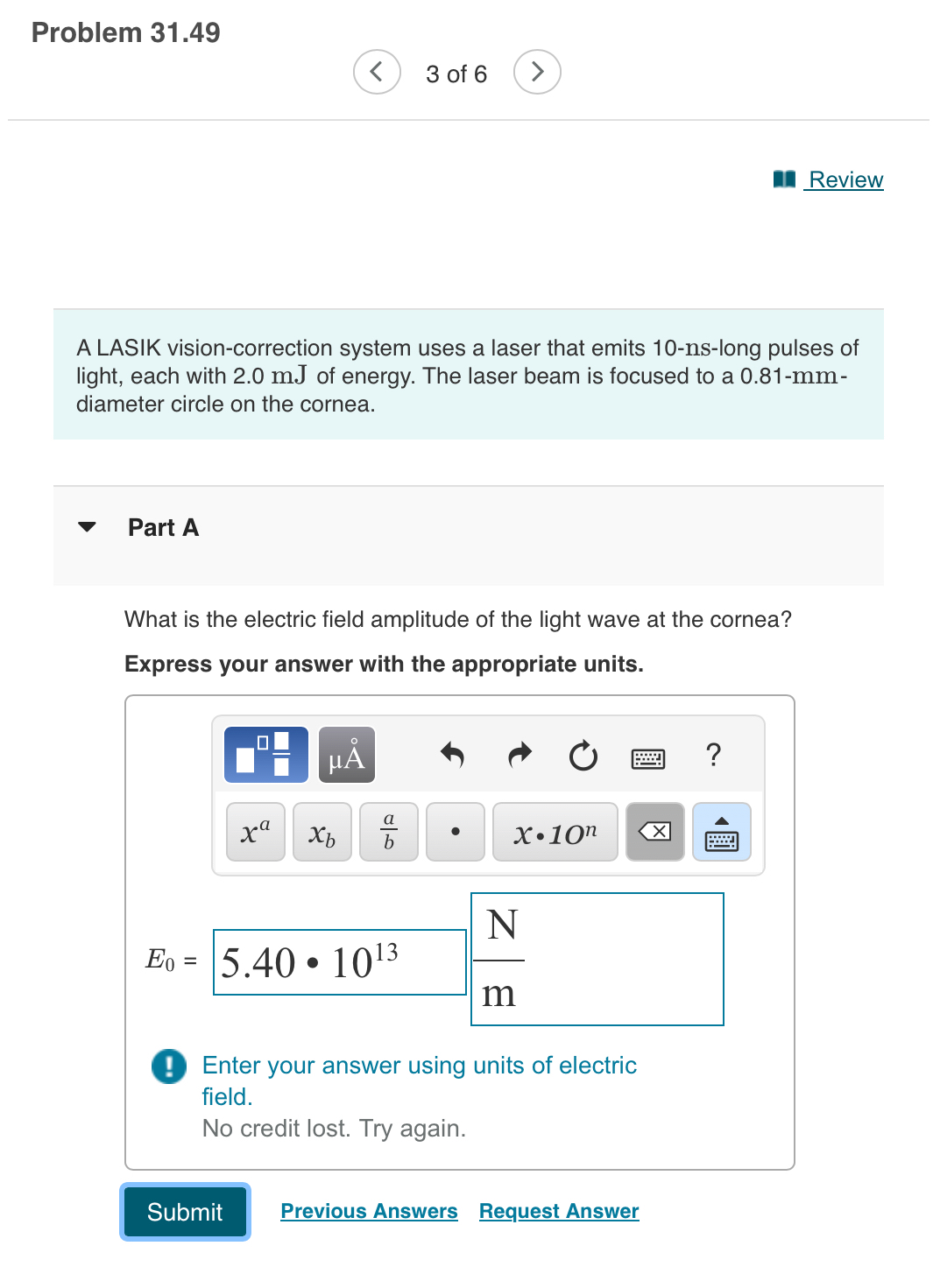 Problem 3 1 . 4 9 3 of 6 Review A LASIK vision -