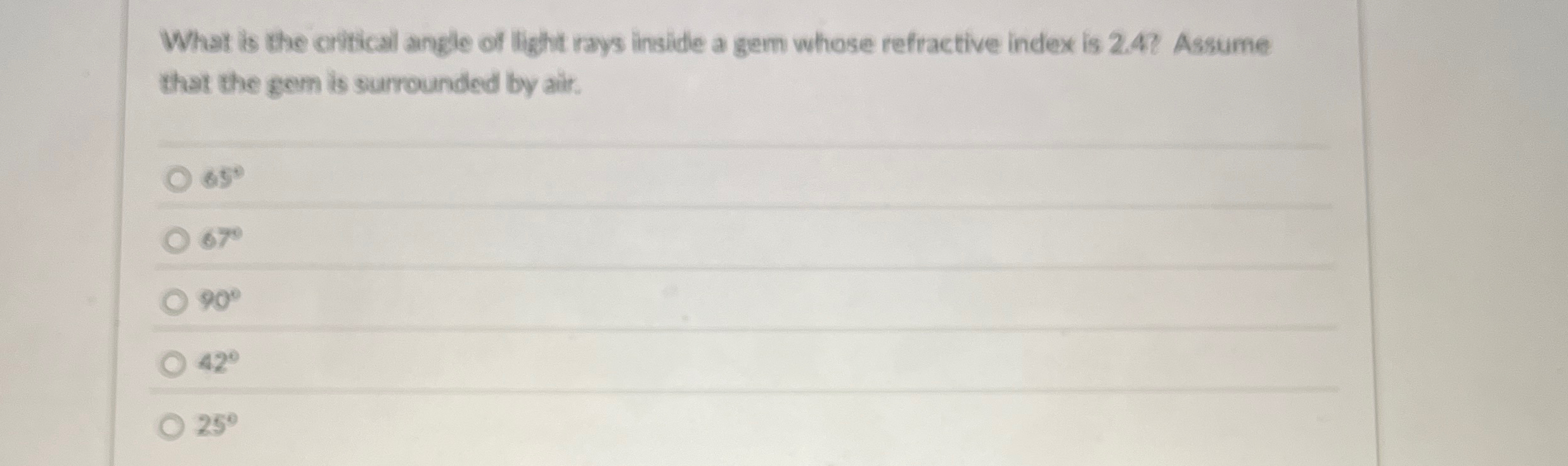 What is the critical angle of light rays inside a