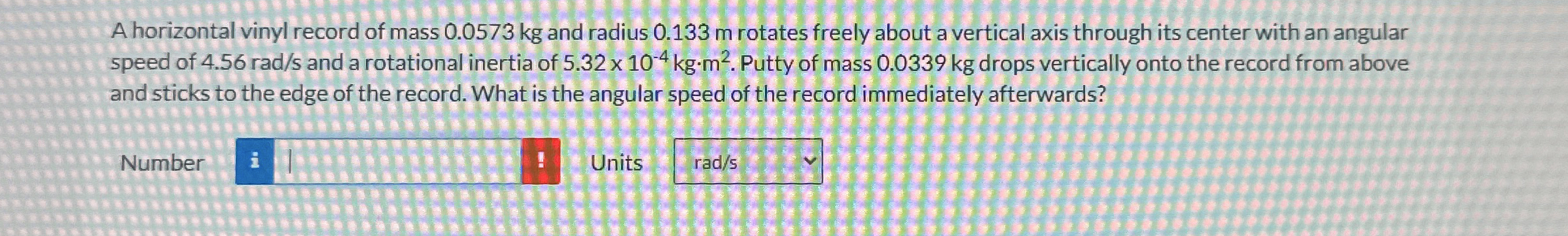 A horizontal vinyl record of mass 0 . 0 5 7 3 kg