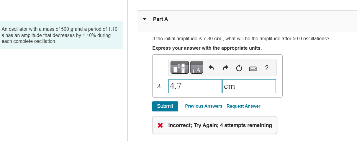 An oscillator with a mass of 5 0 0 g and a period
