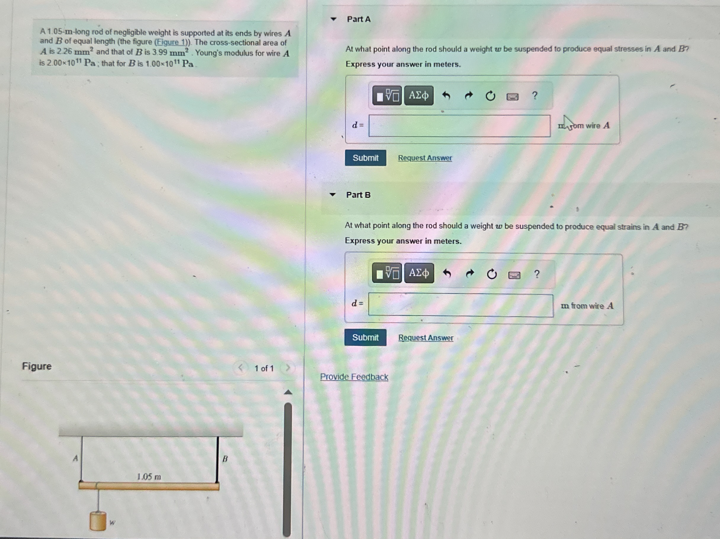 A 1 . 0 5 - m - long rod of negligible weight is