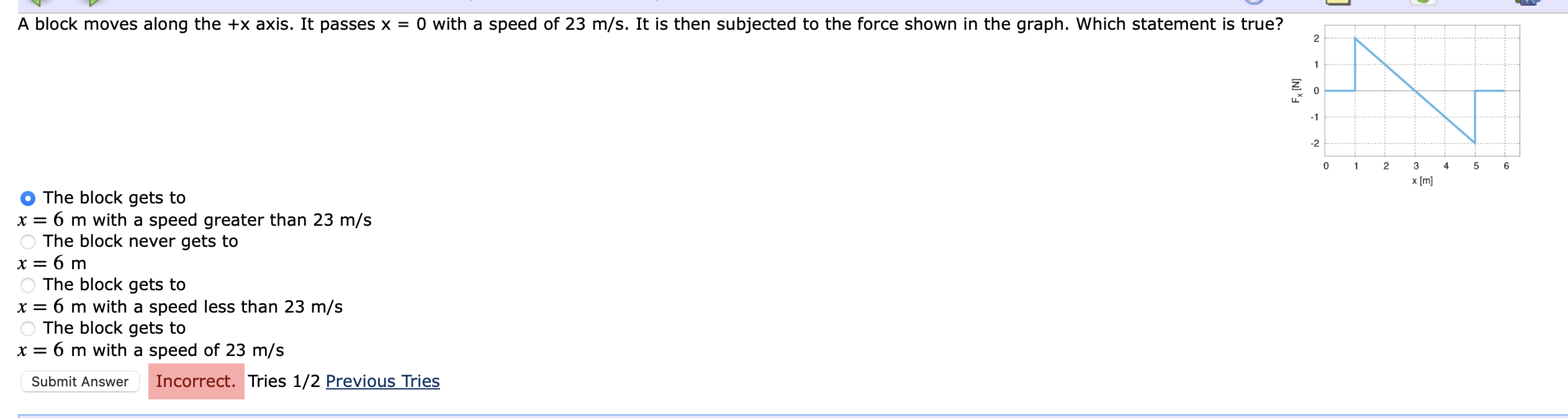A block moves along the + x axis. It passes x = 0
