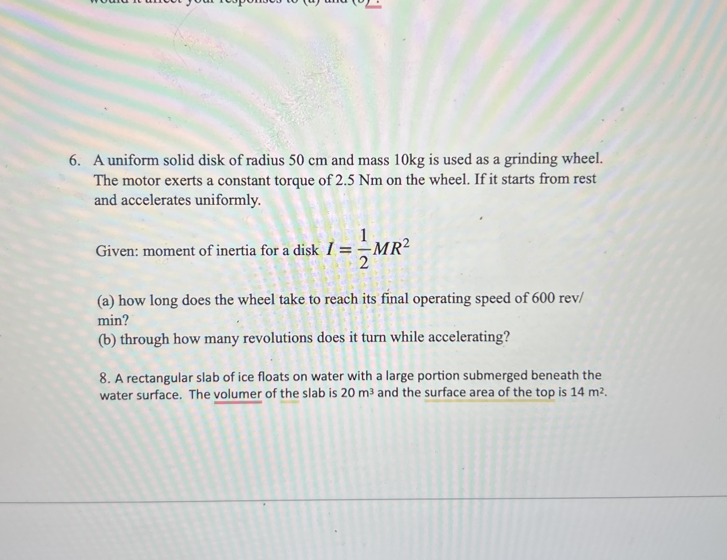 A uniform solid disk of radius 5 0 cm and mass 1