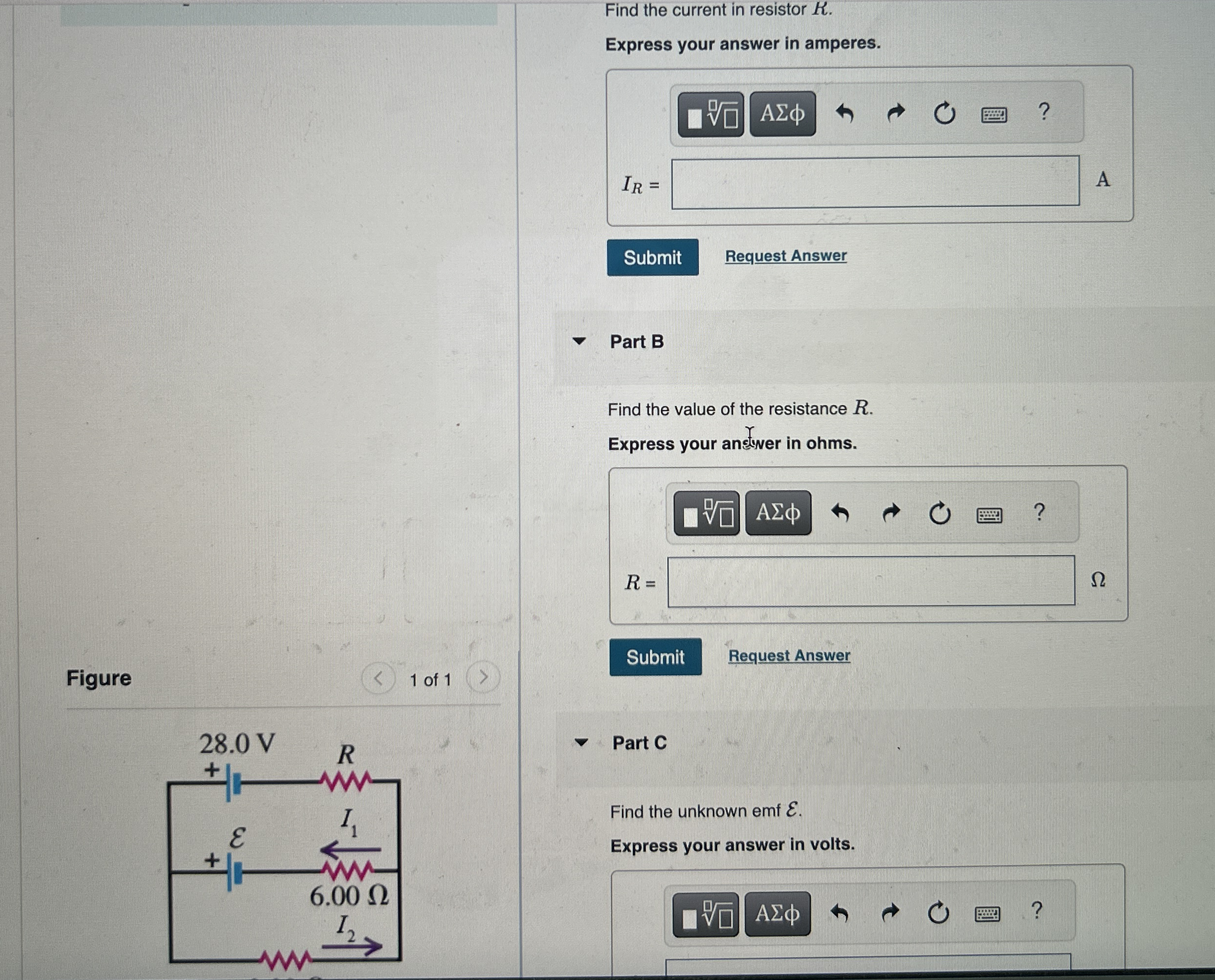 Find the current in resistor R . Express your