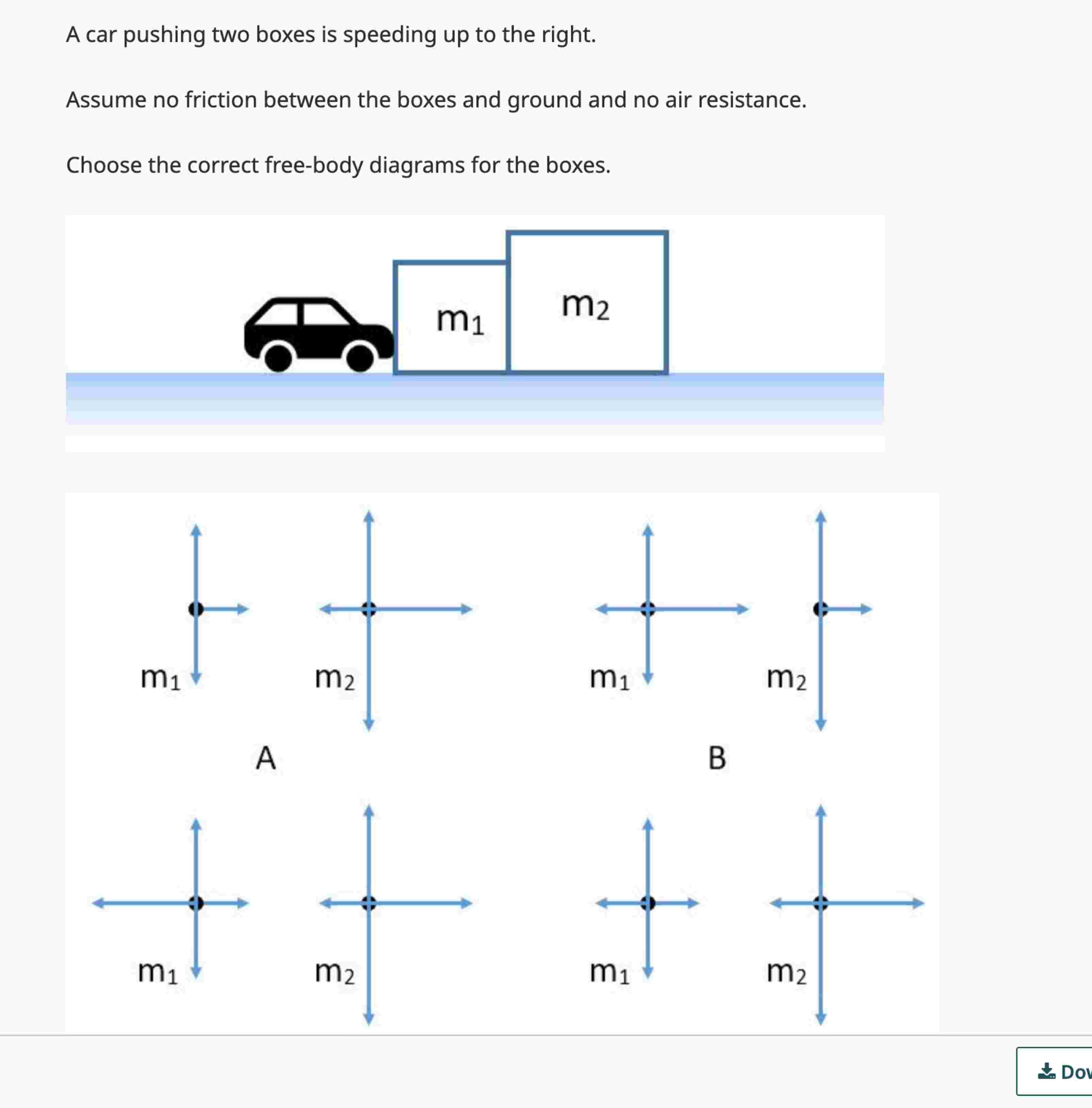 A car pushing two boxes is speeding up to the