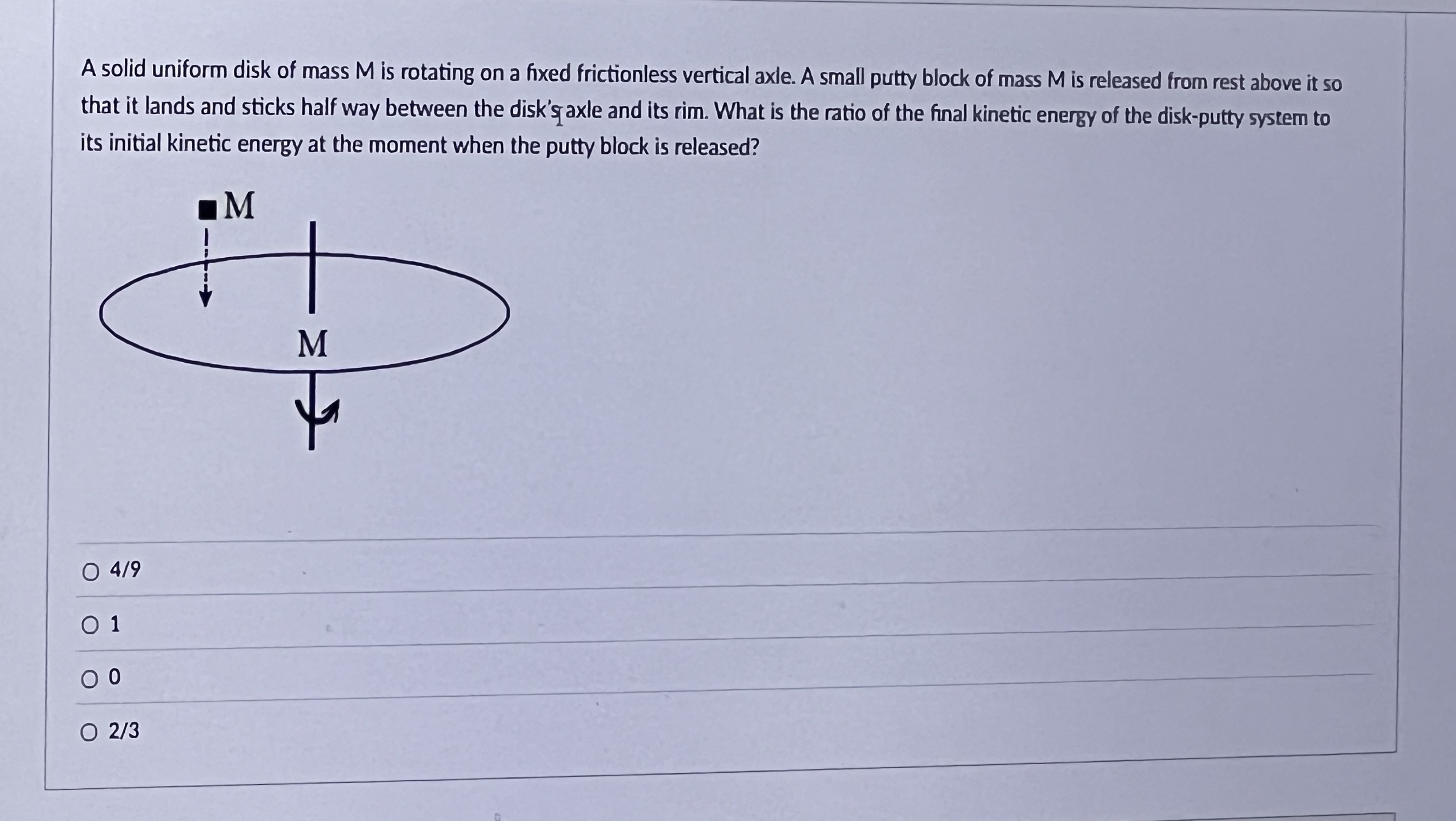 A solid uniform disk of mass M is rotating on a