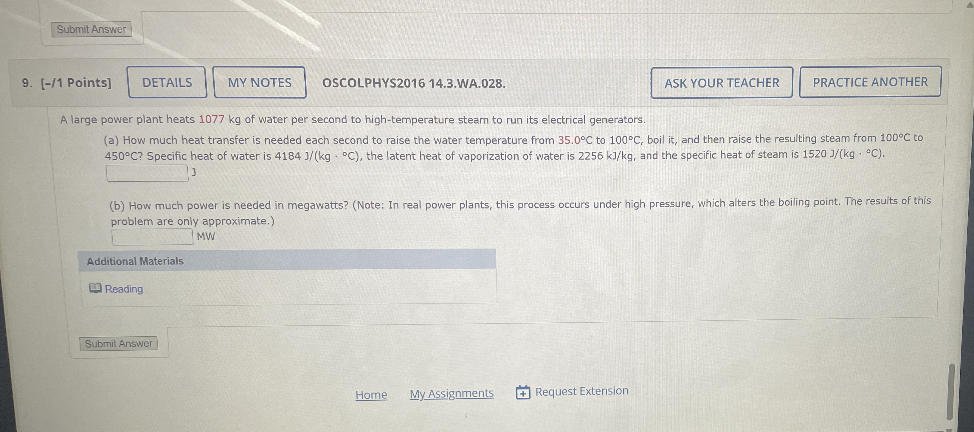 Submit Answer 9 . [ - / 1 Points ] OSCOLPHYS 2 0