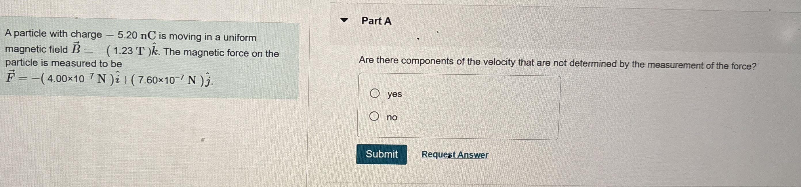 A particle with charge - 5 . 2 0 nC is moving in