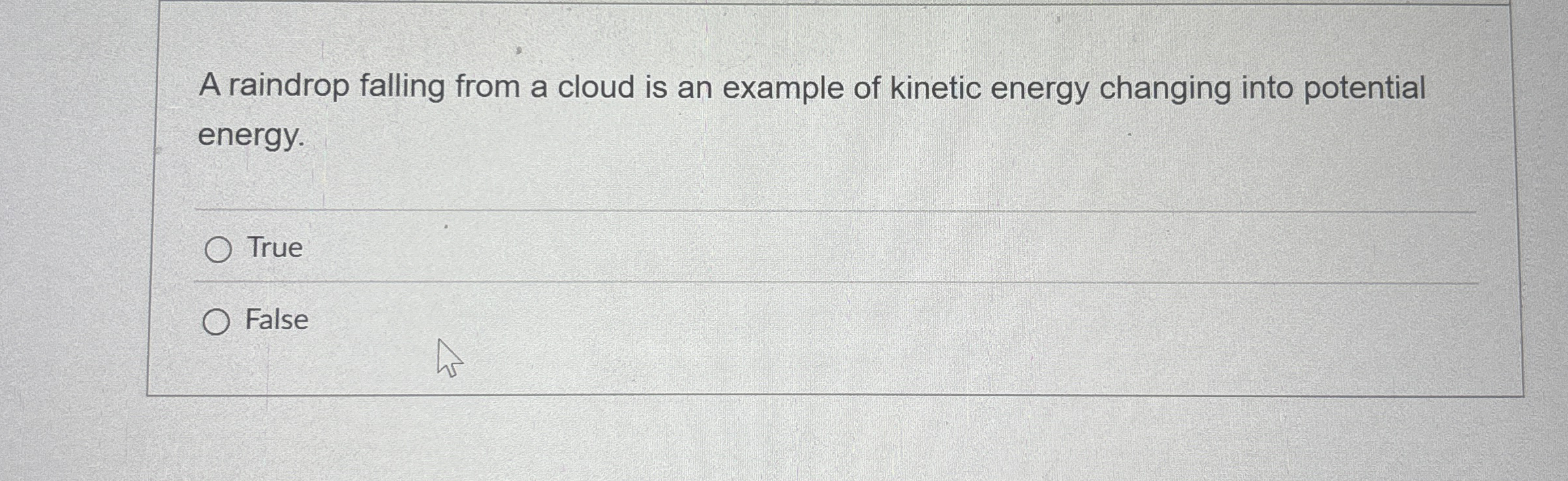 A raindrop falling from a cloud is an example of