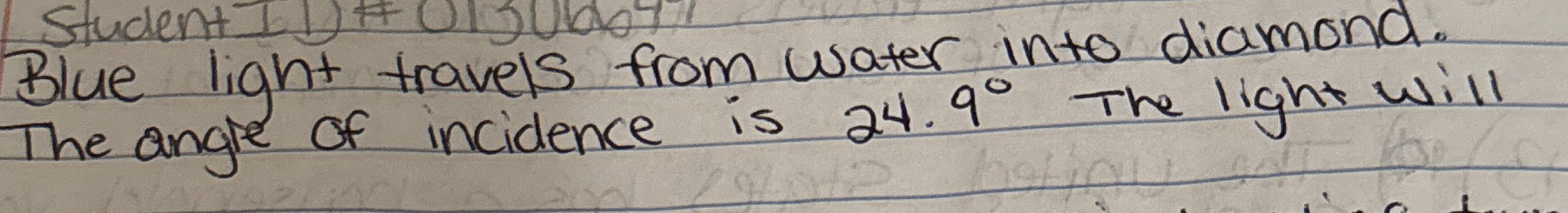 Blue light travels from water into diamond. The