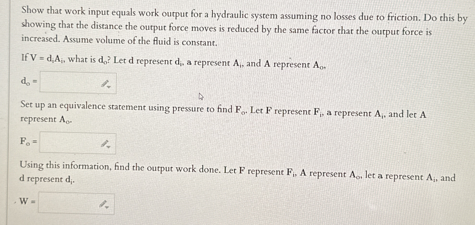 Show that work input equals work output for a