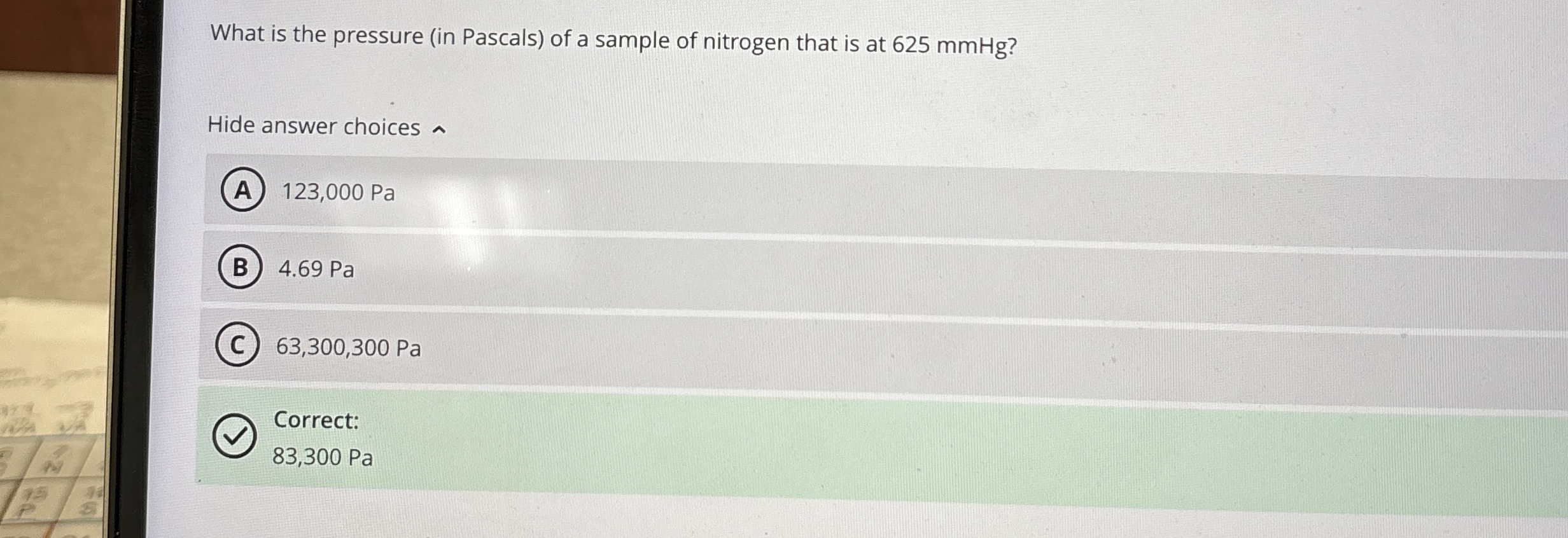 What is the pressure ( in Pascals ) of a sample