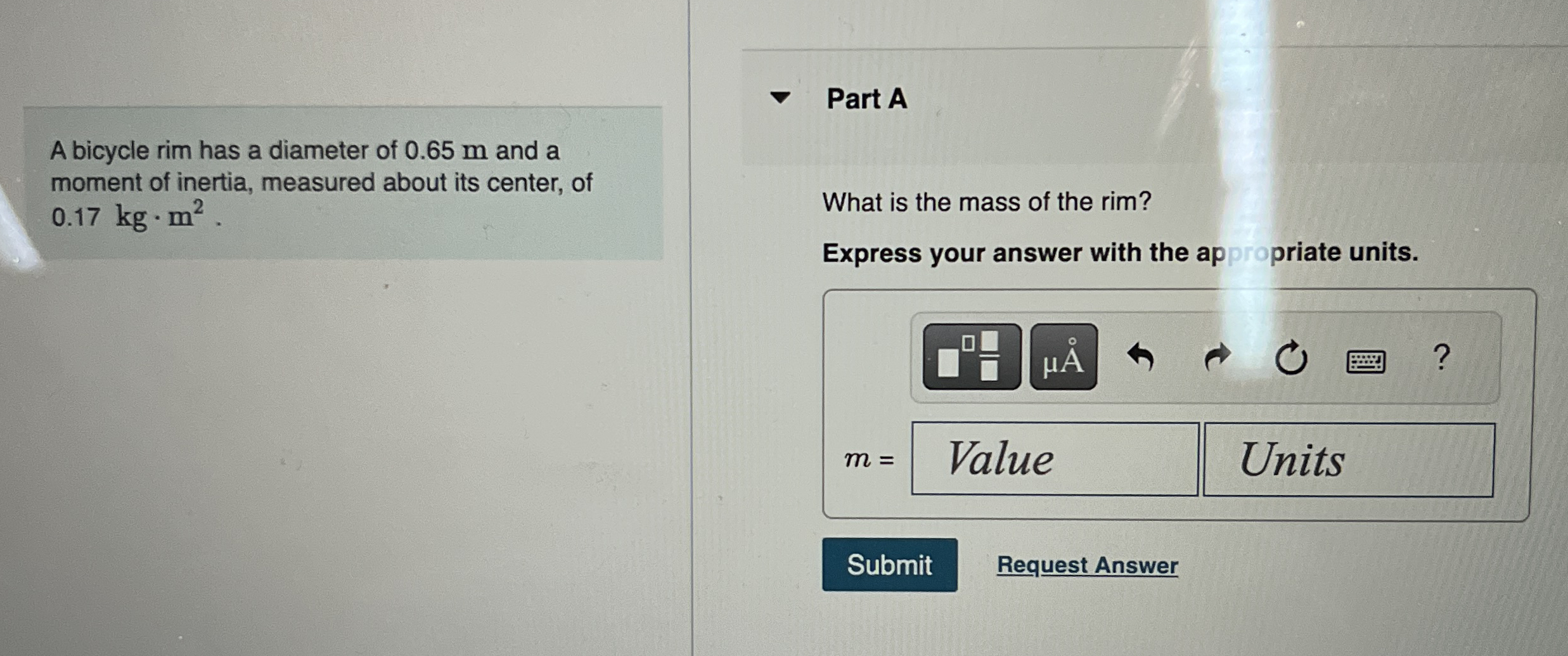 A bicycle rim has a diameter of 0 . 6 5 m and a