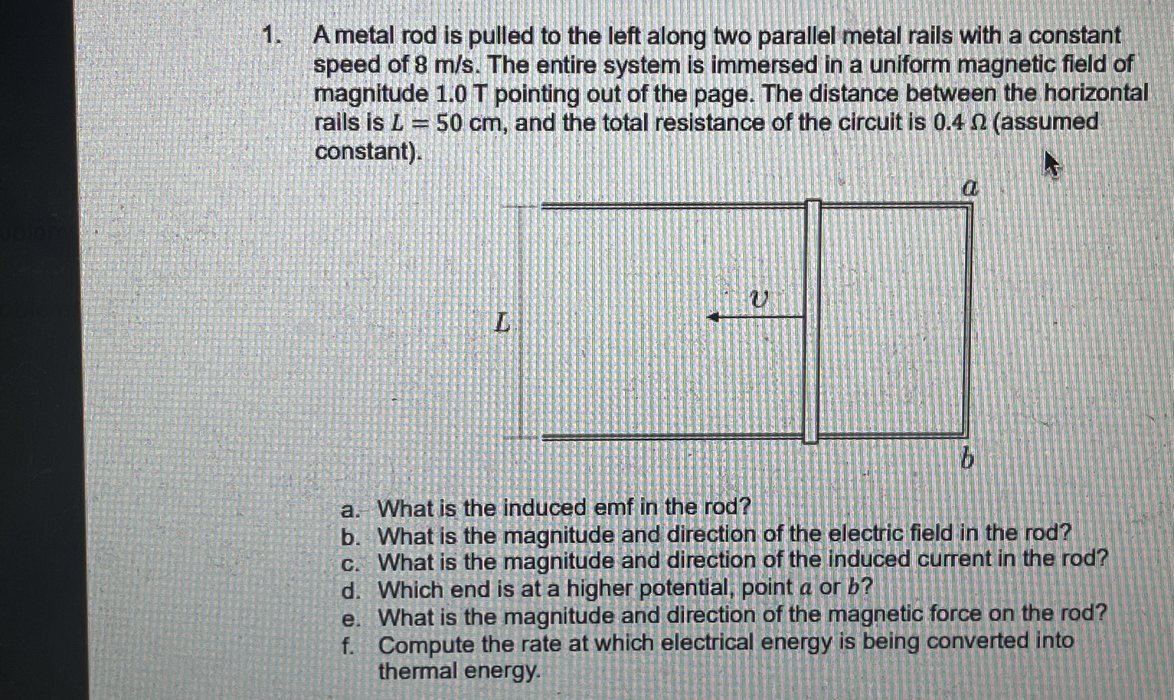 A metal rod is pulled to the left along two