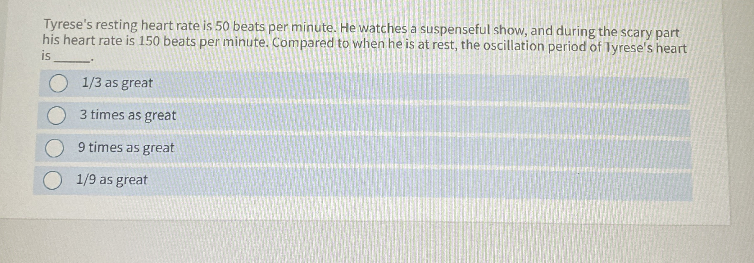 Tyrese's resting heart rate is 5 0 beats per